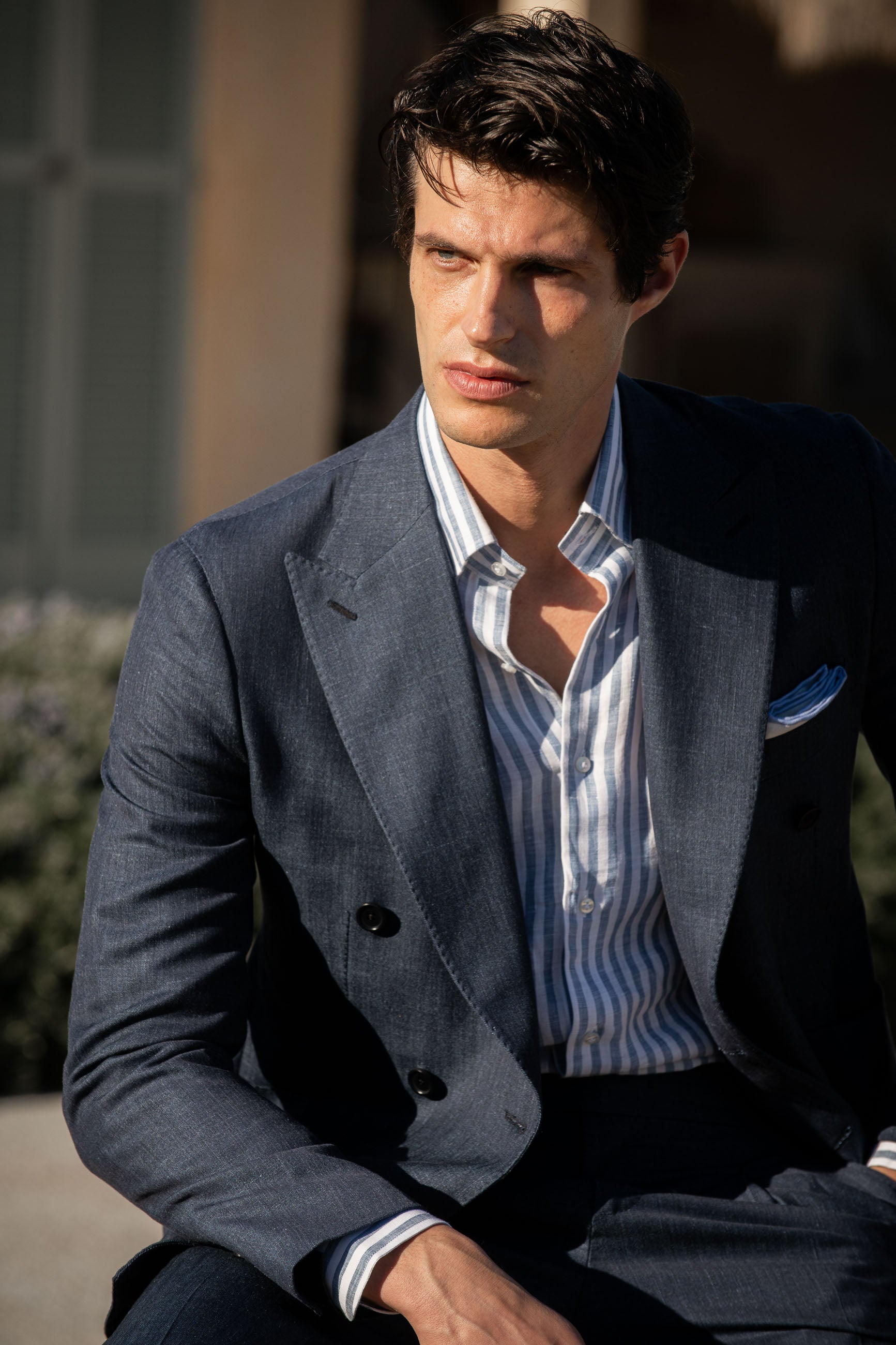 Denim double breasted suit in Loro Piana fabric | Made in Italy