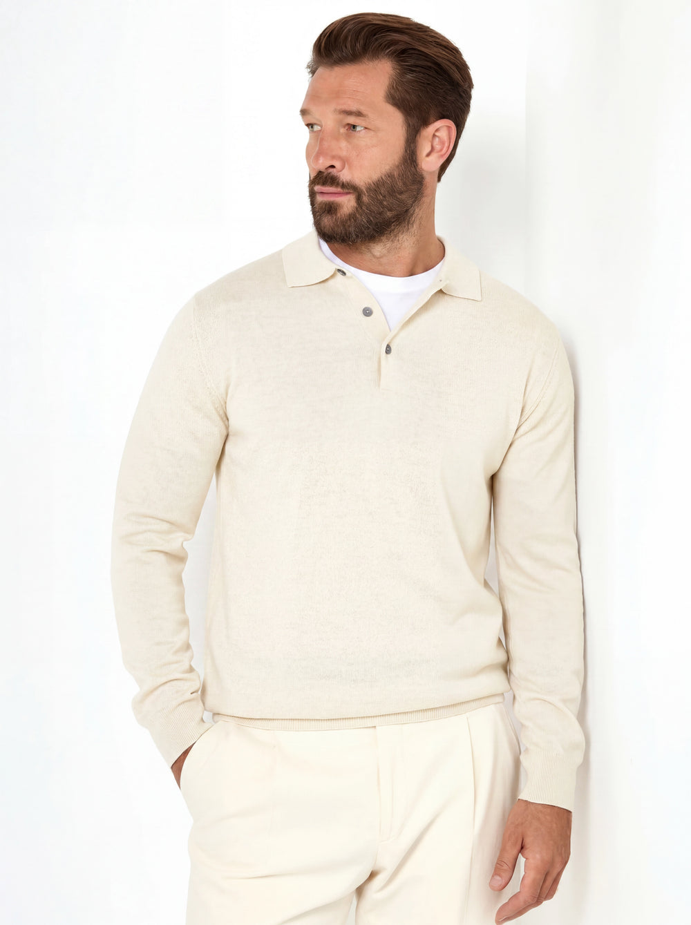 Polo in merino color crema – Made in Italy