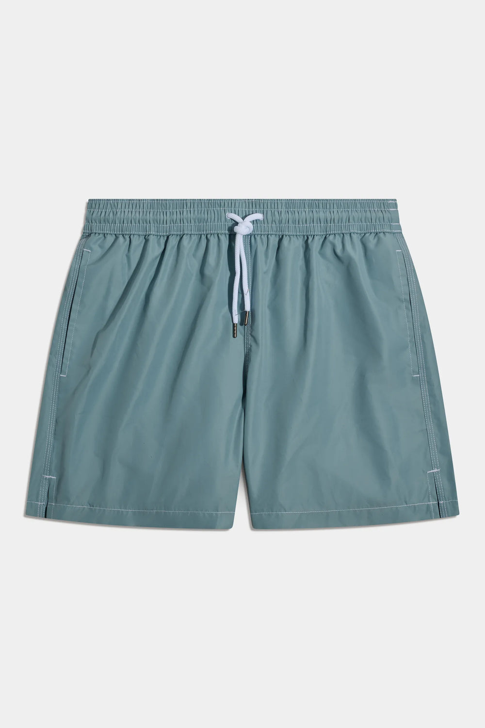 Teal shorts with a drawstring on a white background