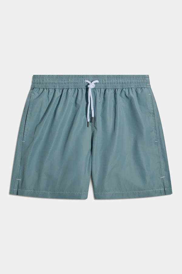 Teal shorts with a drawstring on a white background