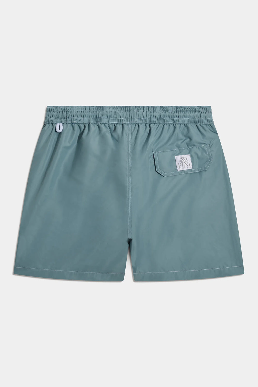 Teal shorts with a small logo on a white background