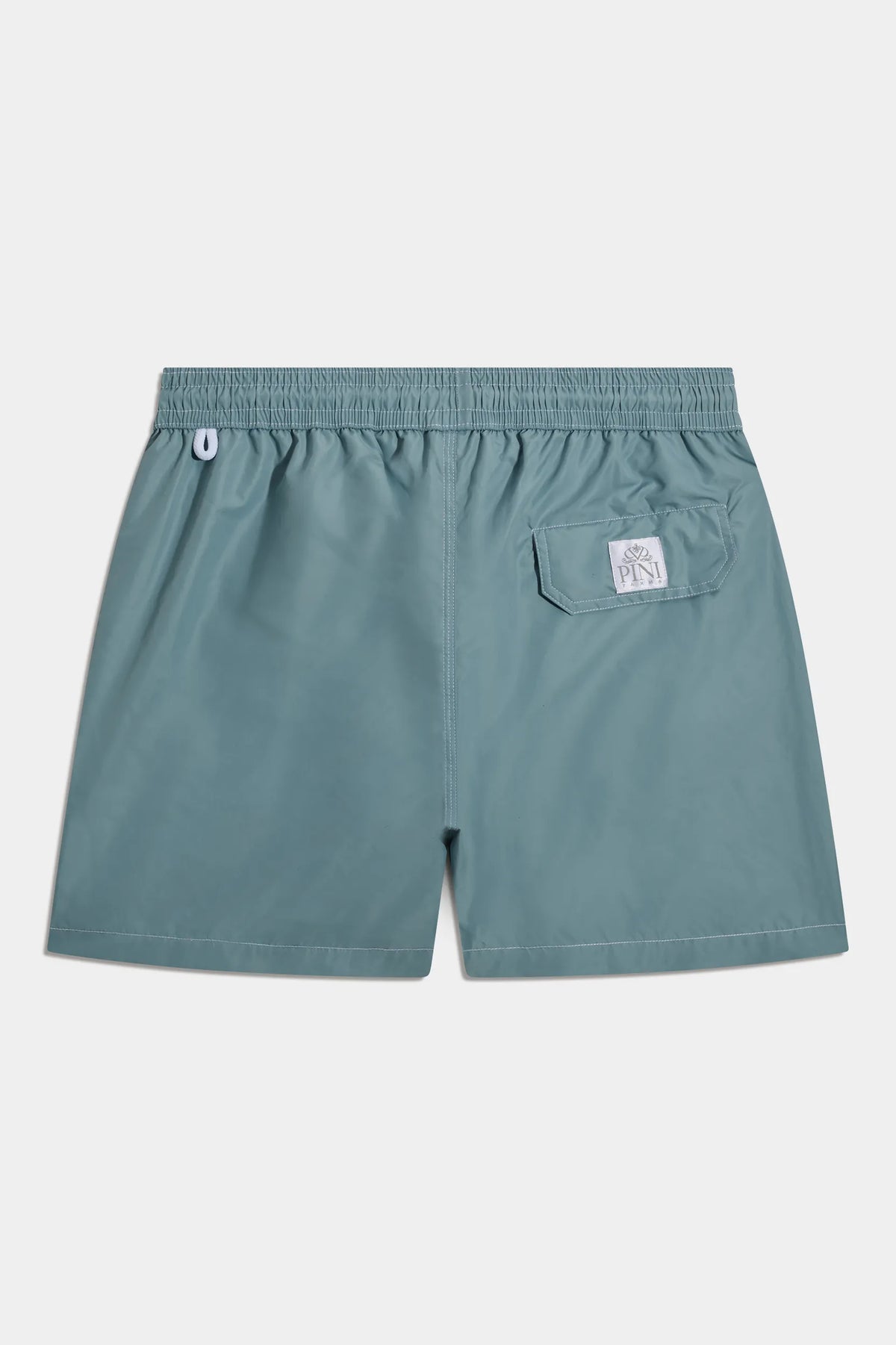 Teal shorts with a small logo on a white background
