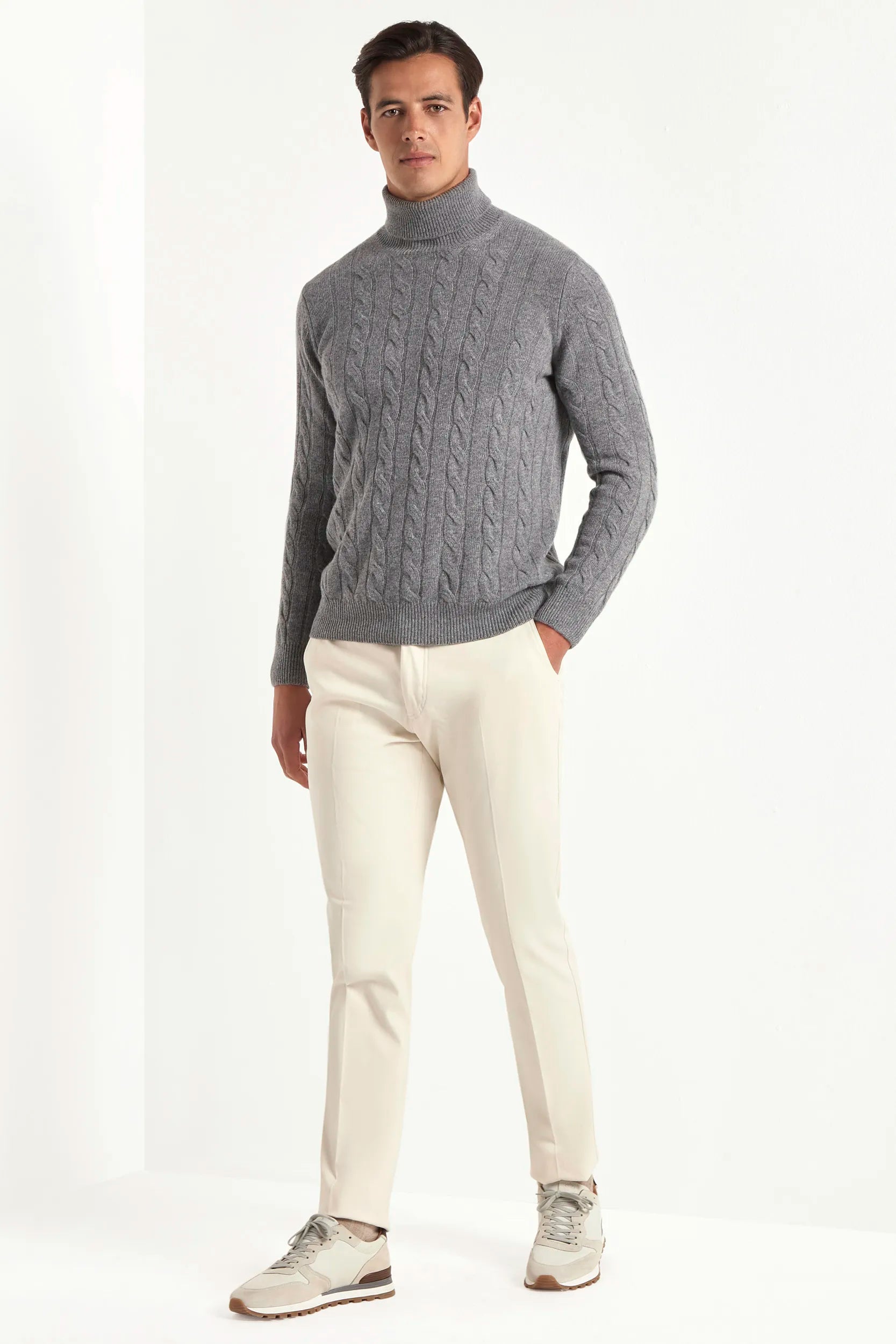Mid grey cable knit turtleneck – Made in Italy Mid grey cable knit turtleneck – Made in Italy