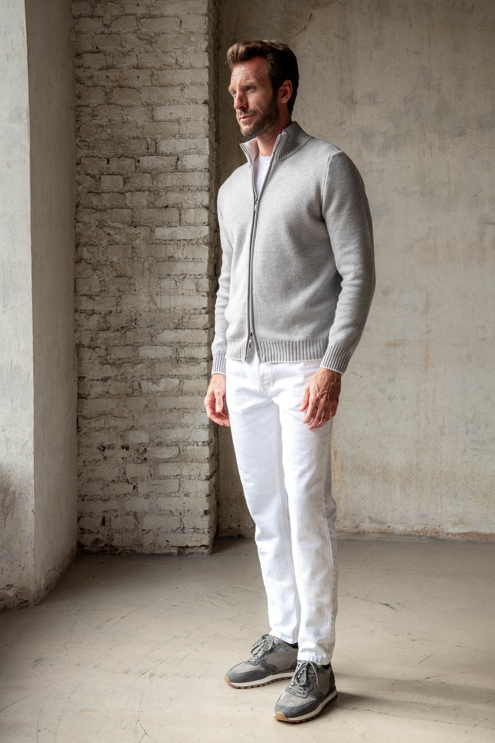 Grey honeycomb cashmere blend full zip – Made in Italy