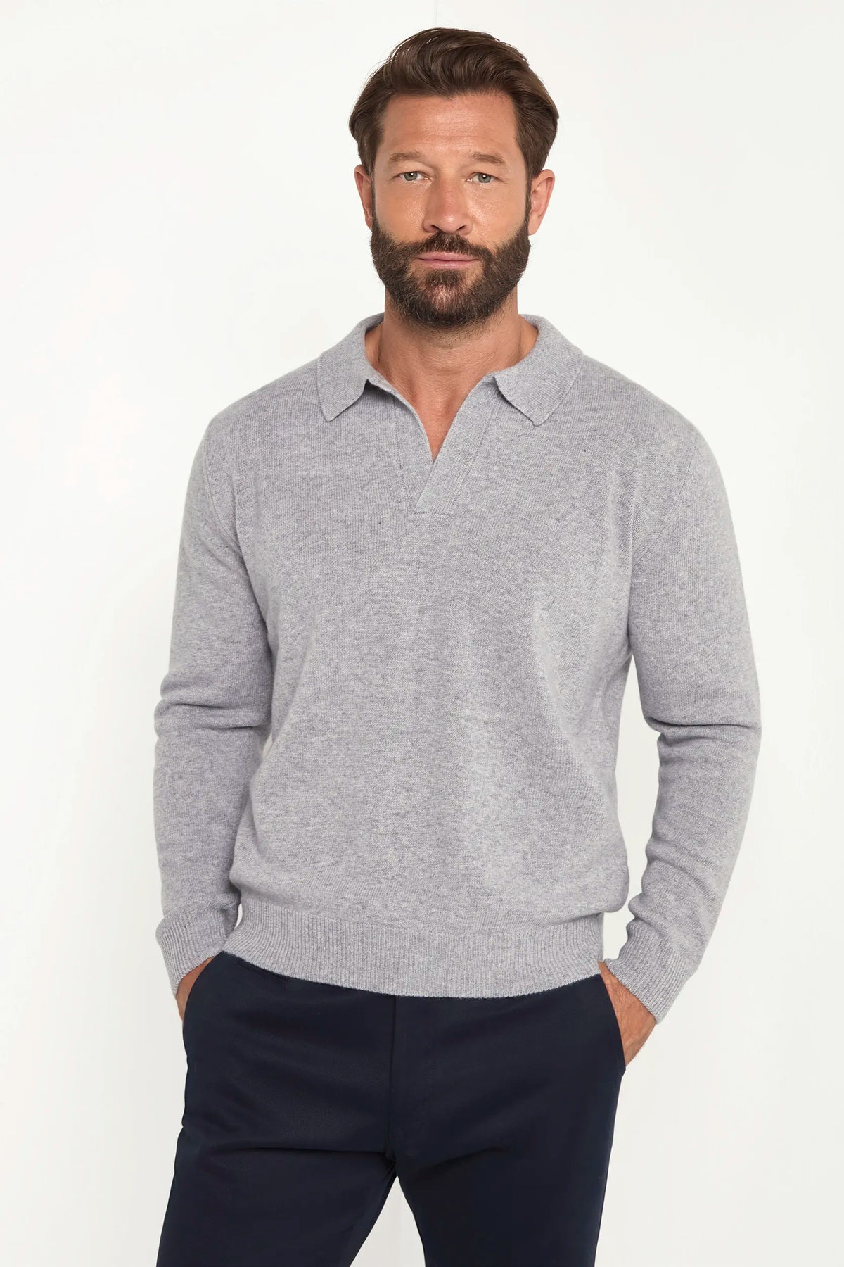 grey wool polo, men's wool polo, italian wool polo, grey knit polo, luxury men's polo, elegant men's polo, refined wool polo, tailored grey polo, premium italian polo, sophisticated men's polo, timeless italian polo, upscale men's polo, classic grey polo, italian craftsmanship polo, premium men's knit polo, refined italian wool polo