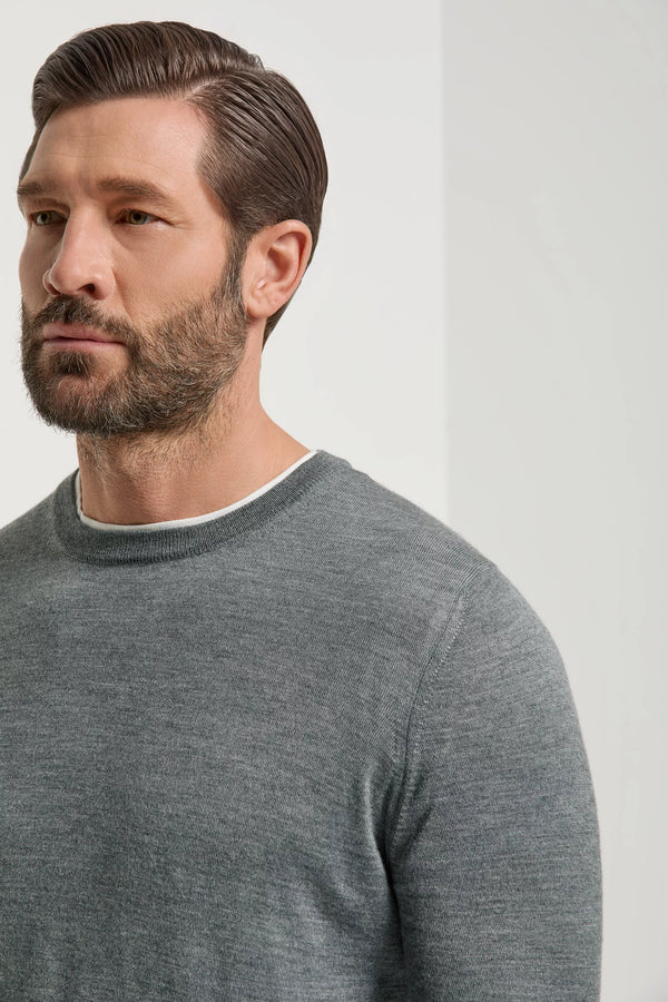Girocollo grigio in lana e seta - Made in Italy