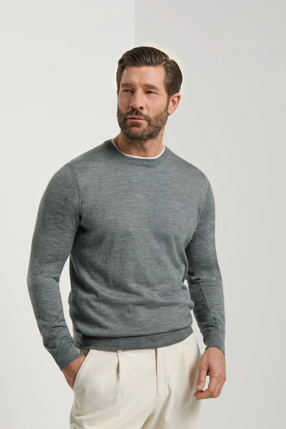 Girocollo grigio in lana e seta - Made in Italy
