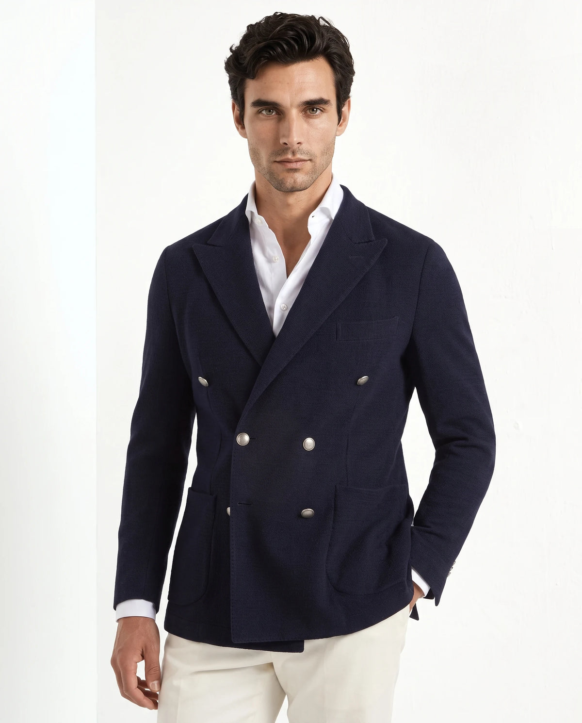 Blue jersey double breasted jacket - Made in Italy
