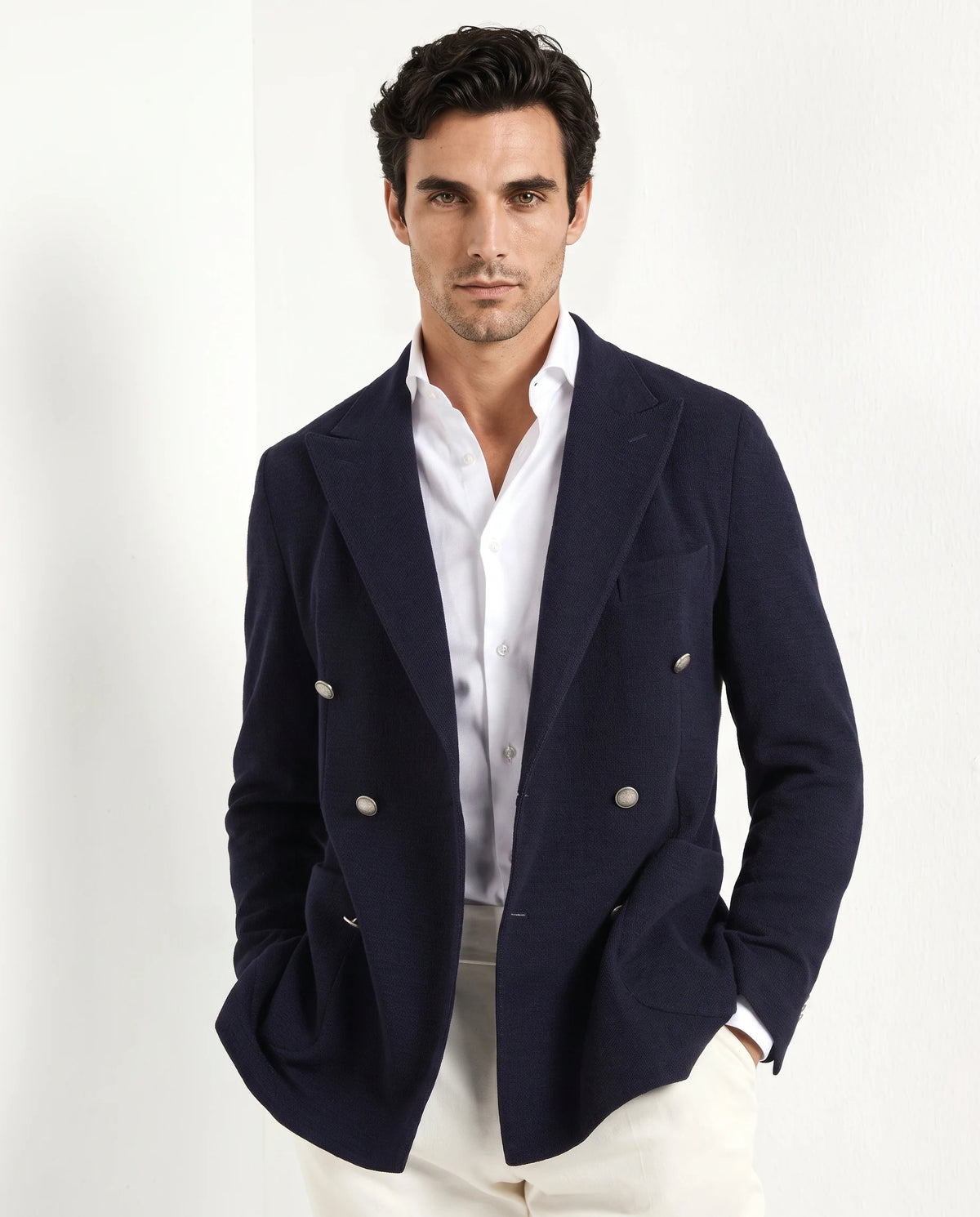 Blue jersey double breasted jacket - Made in Italy