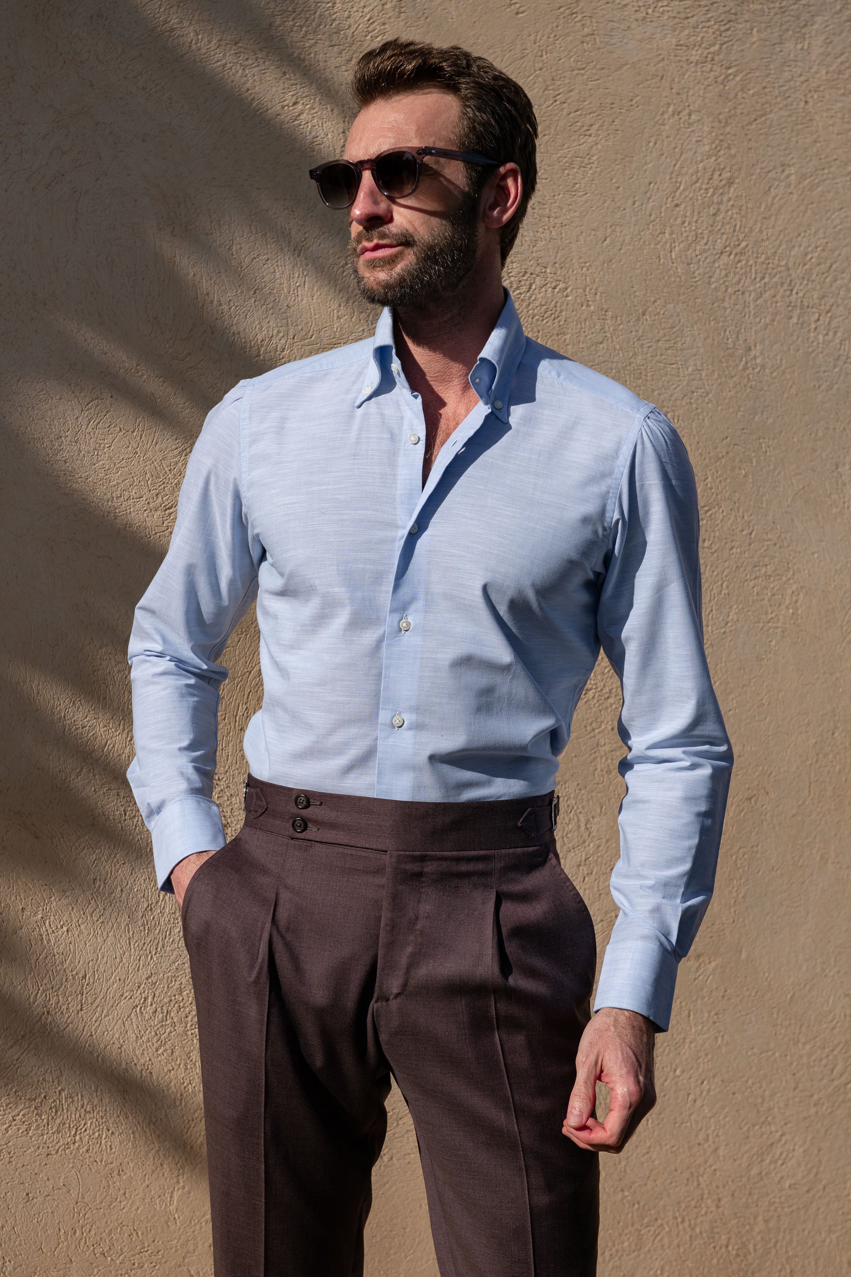 chemise à col boutonné en bambou bleu clair "Collection Sartoriale" - Made In Italy