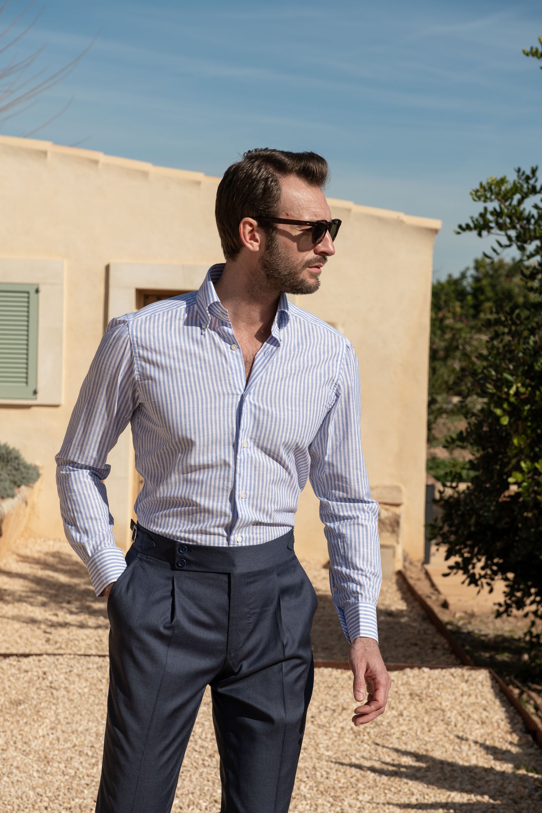 Chemise boutonnée à rayures bleu clair « Collection Sartoriale » - Made In Italy