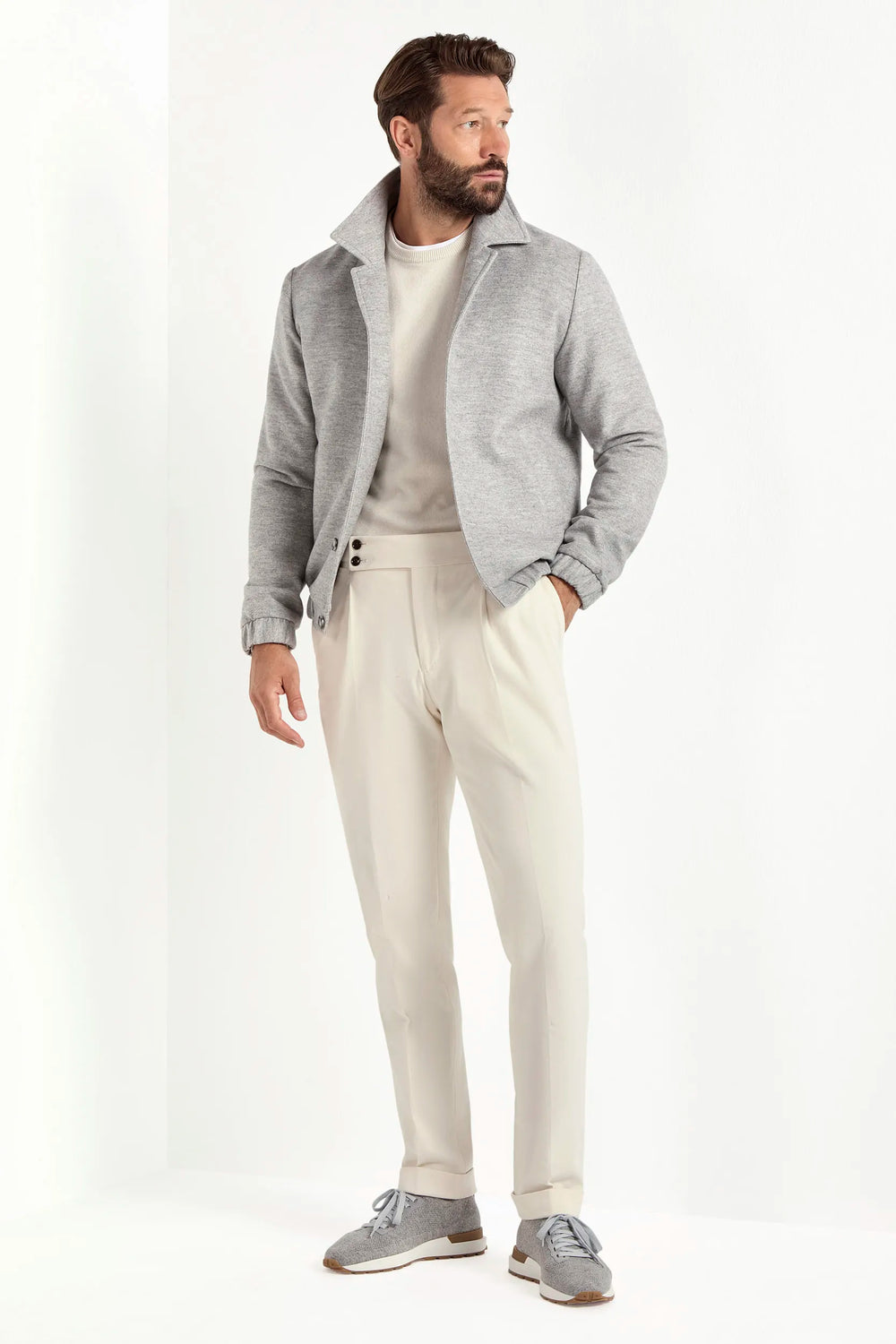 light grey bomber jacket, italian style, made in italy, luxury bomber jacket, elegant menswear jacket, refined casual jacket, premium italian outerwear, versatile bomber, tailored bomber jacket, soft fabric bomber, upscale men's bomber, italian craftsmanship jacket, polished casual outerwear, classic light grey bomber, timeless italian jacket, contemporary bomber design, stylish men's bomber, high-quality bomber jacket, modern italian bomber, sophisticated casual jacket