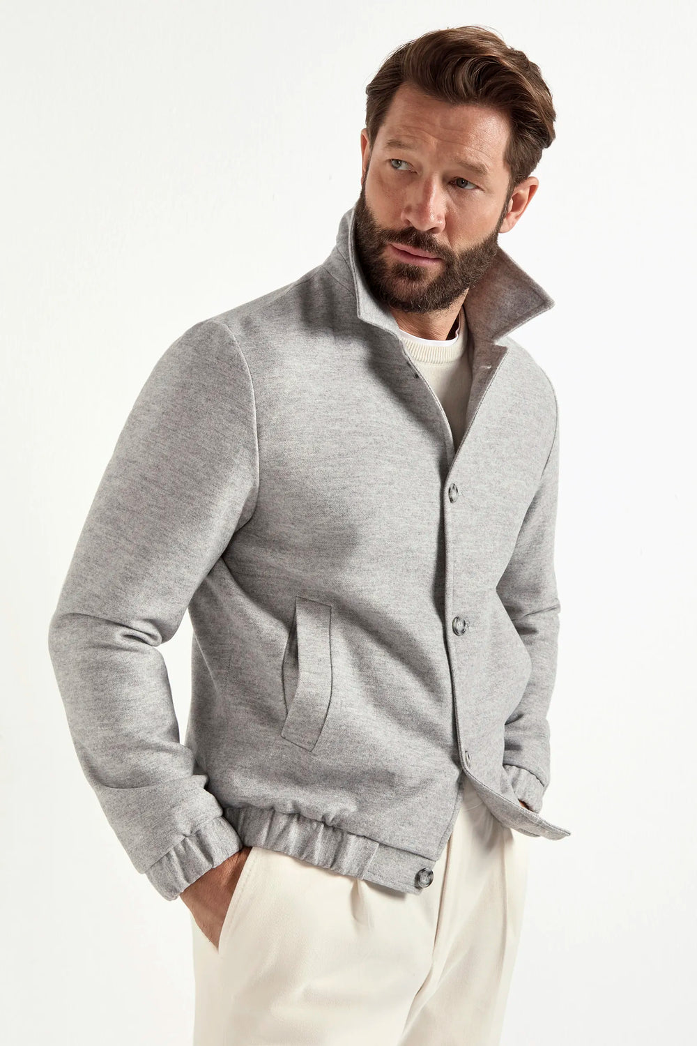 light grey bomber jacket, italian style, made in italy, luxury bomber jacket, elegant menswear jacket, refined casual jacket, premium italian outerwear, versatile bomber, tailored bomber jacket, soft fabric bomber, upscale men's bomber, italian craftsmanship jacket, polished casual outerwear, classic light grey bomber, timeless italian jacket, contemporary bomber design, stylish men's bomber, high-quality bomber jacket, modern italian bomber, sophisticated casual jacket