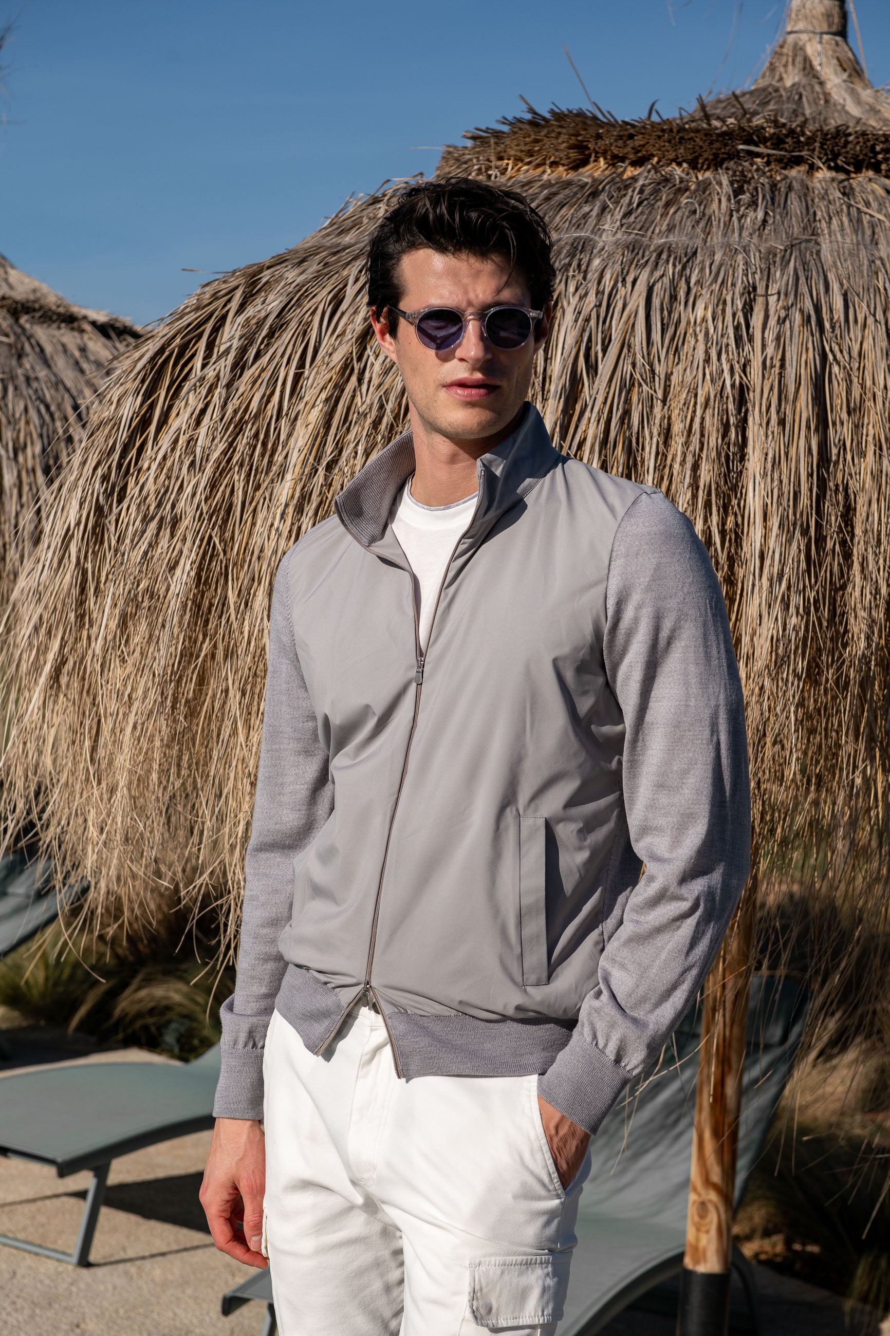 Bomber en maille et nylon gris clair – Made in Italy