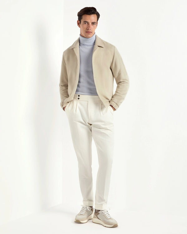 off-white bomber jacket, italian style, made in italy, luxury bomber jacket, elegant menswear jacket, refined casual jacket, premium italian outerwear, versatile bomber, tailored bomber jacket, soft fabric bomber, upscale men's bomber, italian craftsmanship jacket, polished casual outerwear, classic off-white bomber, timeless italian jacket, contemporary bomber design, stylish men's bomber, high-quality bomber jacket, modern italian bomber, sophisticated casual jacket