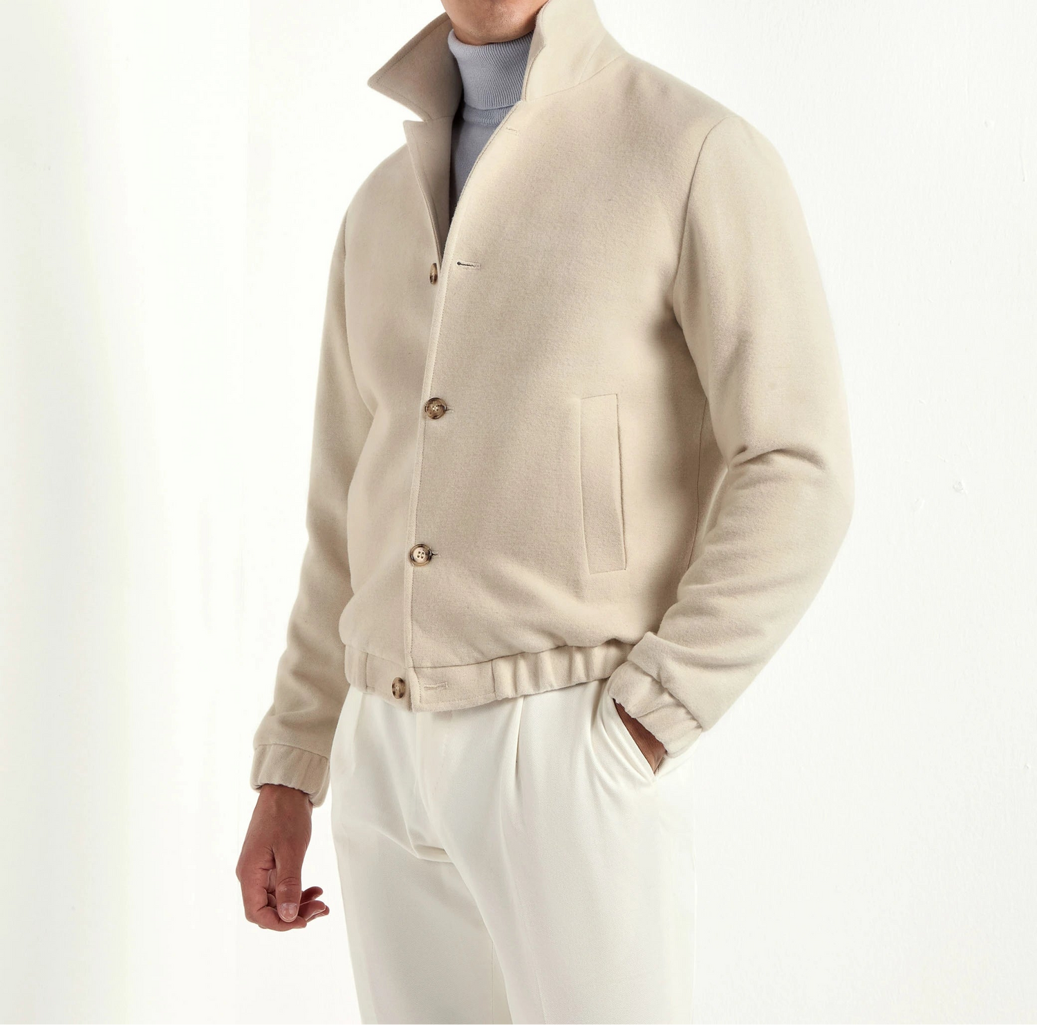 off-white bomber jacket, italian style, made in italy, luxury bomber jacket, elegant menswear jacket, refined casual jacket, premium italian outerwear, versatile bomber, tailored bomber jacket, soft fabric bomber, upscale men's bomber, italian craftsmanship jacket, polished casual outerwear, classic off-white bomber, timeless italian jacket, contemporary bomber design, stylish men's bomber, high-quality bomber jacket, modern italian bomber, sophisticated casual jacket