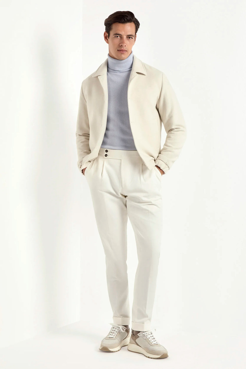 off-white bomber jacket, italian style, made in italy, luxury bomber jacket, elegant menswear jacket, refined casual jacket, premium italian outerwear, versatile bomber, tailored bomber jacket, soft fabric bomber, upscale men's bomber, italian craftsmanship jacket, polished casual outerwear, classic off-white bomber, timeless italian jacket, contemporary bomber design, stylish men's bomber, high-quality bomber jacket, modern italian bomber, sophisticated casual jacket