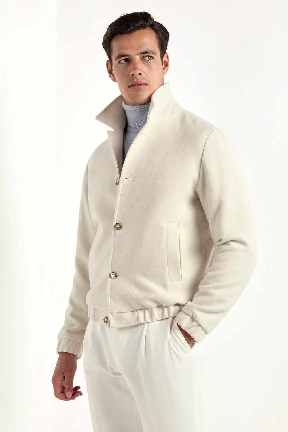 off-white bomber jacket, italian style, made in italy, luxury bomber jacket, elegant menswear jacket, refined casual jacket, premium italian outerwear, versatile bomber, tailored bomber jacket, soft fabric bomber, upscale men's bomber, italian craftsmanship jacket, polished casual outerwear, classic off-white bomber, timeless italian jacket, contemporary bomber design, stylish men's bomber, high-quality bomber jacket, modern italian bomber, sophisticated casual jacket
