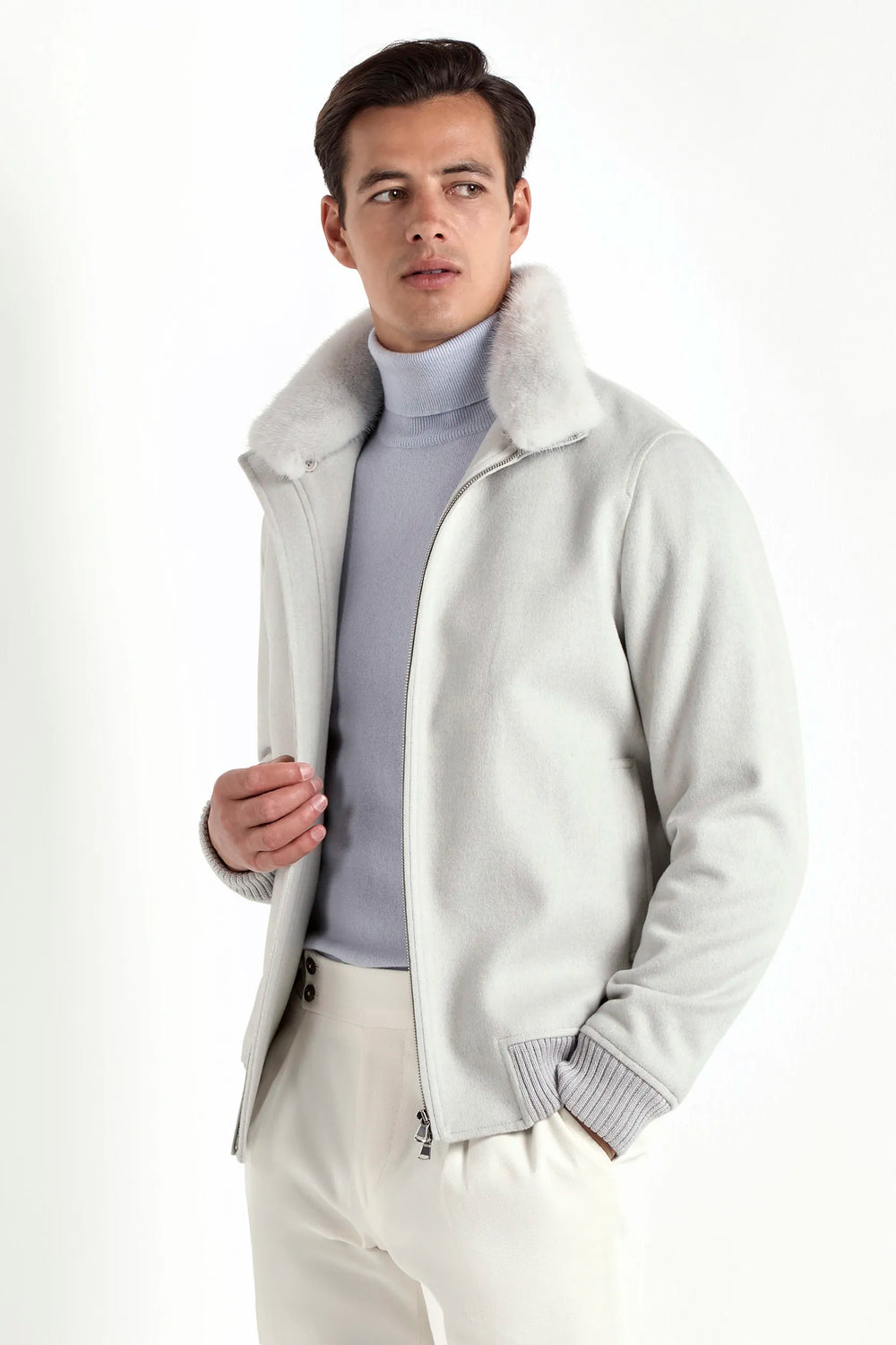 off-white bomber jacket, men wool bomber, italian wool bomber, off-white wool bomber, loro piana wool bomber, loro piana bomber jacket, mink collar bomber jacket, removable mink collar bomber, luxury loro piana bomber, elegant men's loro piana bomber, refined loro piana wool bomber, tailored off-white loro piana bomber, premium italian loro piana bomber, sophisticated loro piana bomber jacket, timeless italian loro piana bomber, upscale men's loro piana bomber, italian craftsmanship loro piana bomber