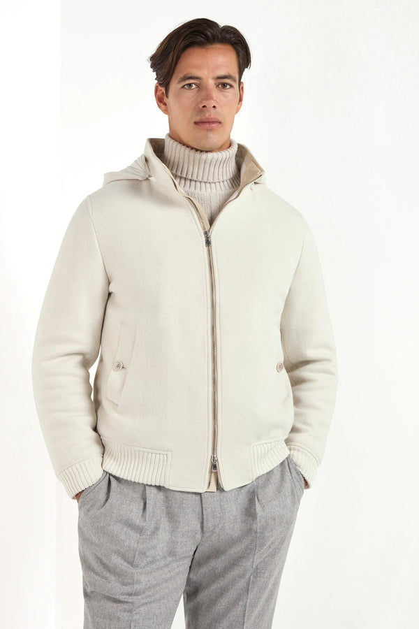 off white hooded bomber, men's hooded bomber, italian hooded bomber, off white bomber jacket, luxury men's bomber, elegant men's bomber, refined hooded bomber, tailored off white bomber, premium italian bomber, sophisticated men's bomber, timeless italian bomber, upscale men's bomber, classic off white bomber, italian craftsmanship bomber, premium men's off white bomber, refined italian bomber