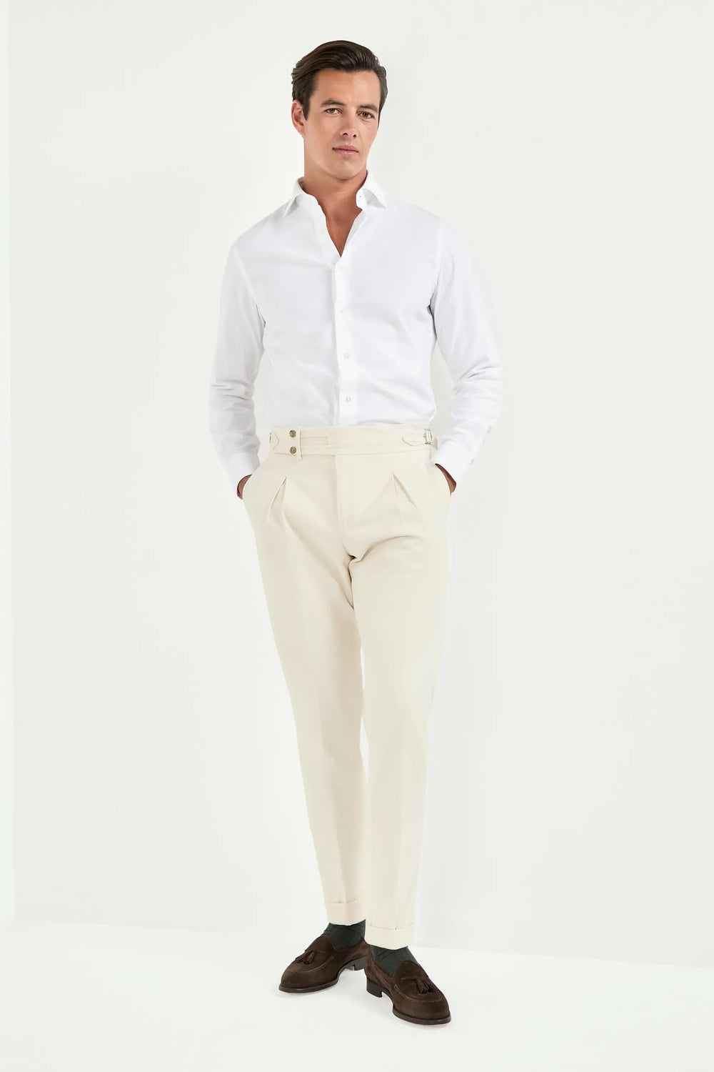 off-white limited edition trousers, men’s tailored trousers, italian wool trousers, off-white smart trousers, limited edition trousers, high-rise slim fit trousers, kissing pleats trousers, side adjusters trousers, large split waistband trousers, elegant men’s trousers, refined italian trousers, luxury off-white trousers, premium italian trousers, hand-finished bespoke trousers, sophisticated men’s trousers, timeless tailored trousers, italian craftsmanship trousers, made in italy trousers, modern tailored 