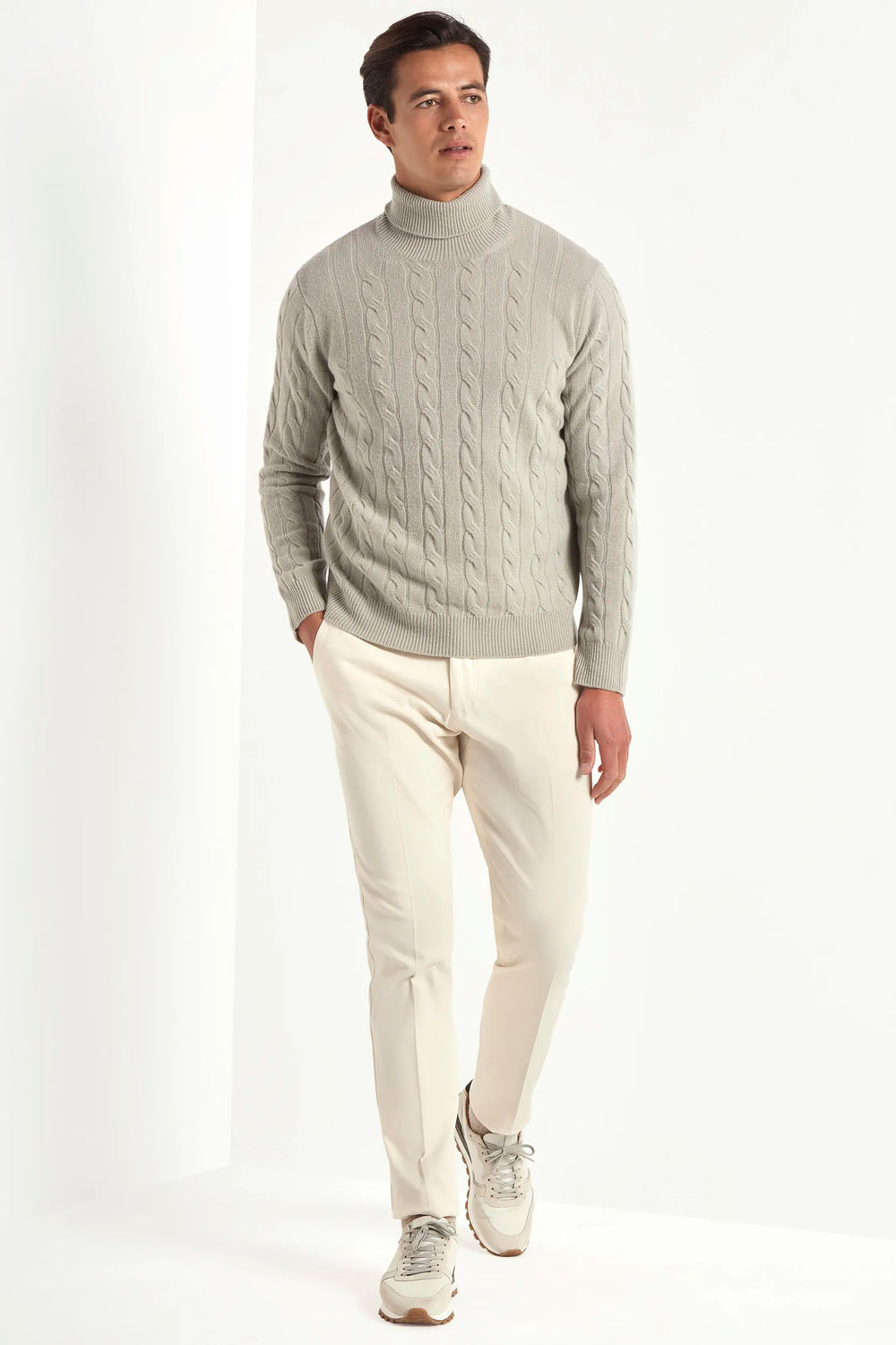 cable knit turtleneck, light sage turtleneck, italian style, made in italy, superfine merino wool turtleneck, textured knit sweater, winter wardrobe essential, elegant merino knitwear, refined turtleneck sweater, premium italian knitwear, layering turtleneck, fine merino roll-neck, lightweight winter top, tailored cable knit, versatile menswear turtleneck, minimalist winter sweater, italian craftsmanship sweater, cozy stylish turtleneck, soft textured knit
