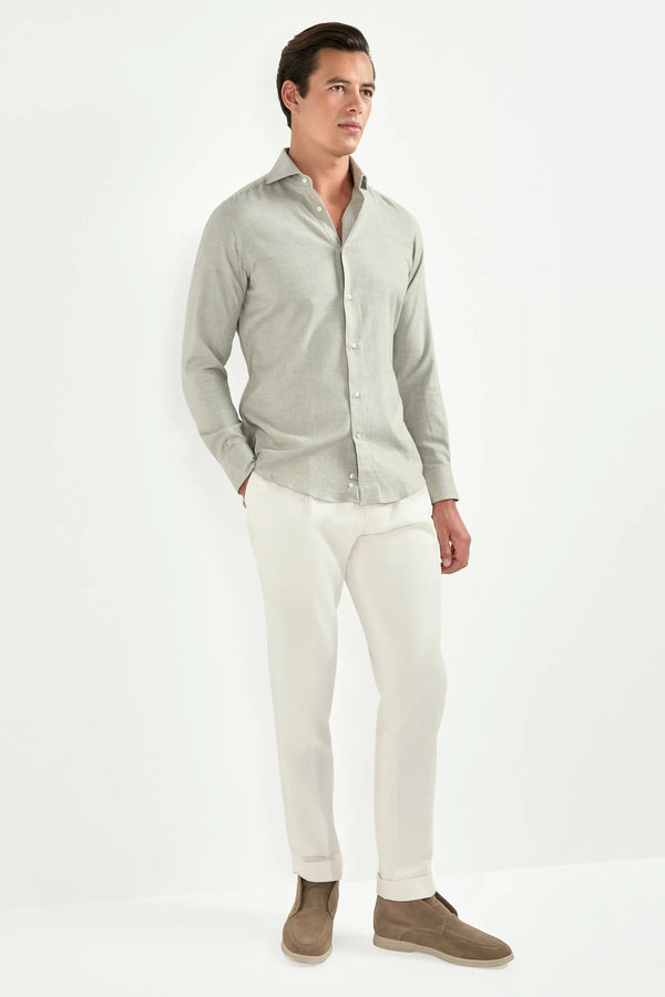 Sage cotton Tencel shirt, Italian style, made in Italy, lightweight breathable cotton-Tencel shirt, luxury menswear shirt, elegant casual shirt, refined Italian tailoring, premium sustainable fabric, smart casual layering shirt, versatile everyday shirt, soft cotton Tencel blend, upscale Italian craftsmanship, polished casual shirt, classic sage cotton shirt, timeless Italian shirt, sophisticated modern menswear