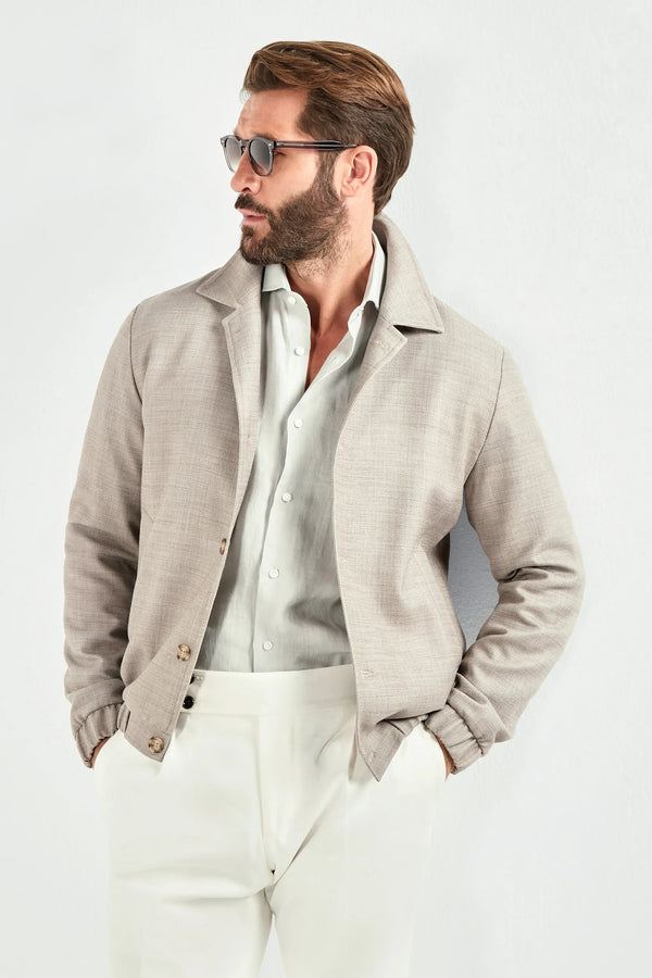 men taupe bomber jacket, tailored bomber jacket, taupe jacket, sartorial taupe jacket, sartorial bomber