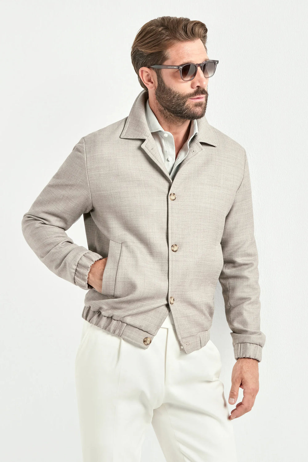 men taupe bomber jacket, tailored bomber jacket, taupe jacket, sartorial taupe jacket, sartorial bomber