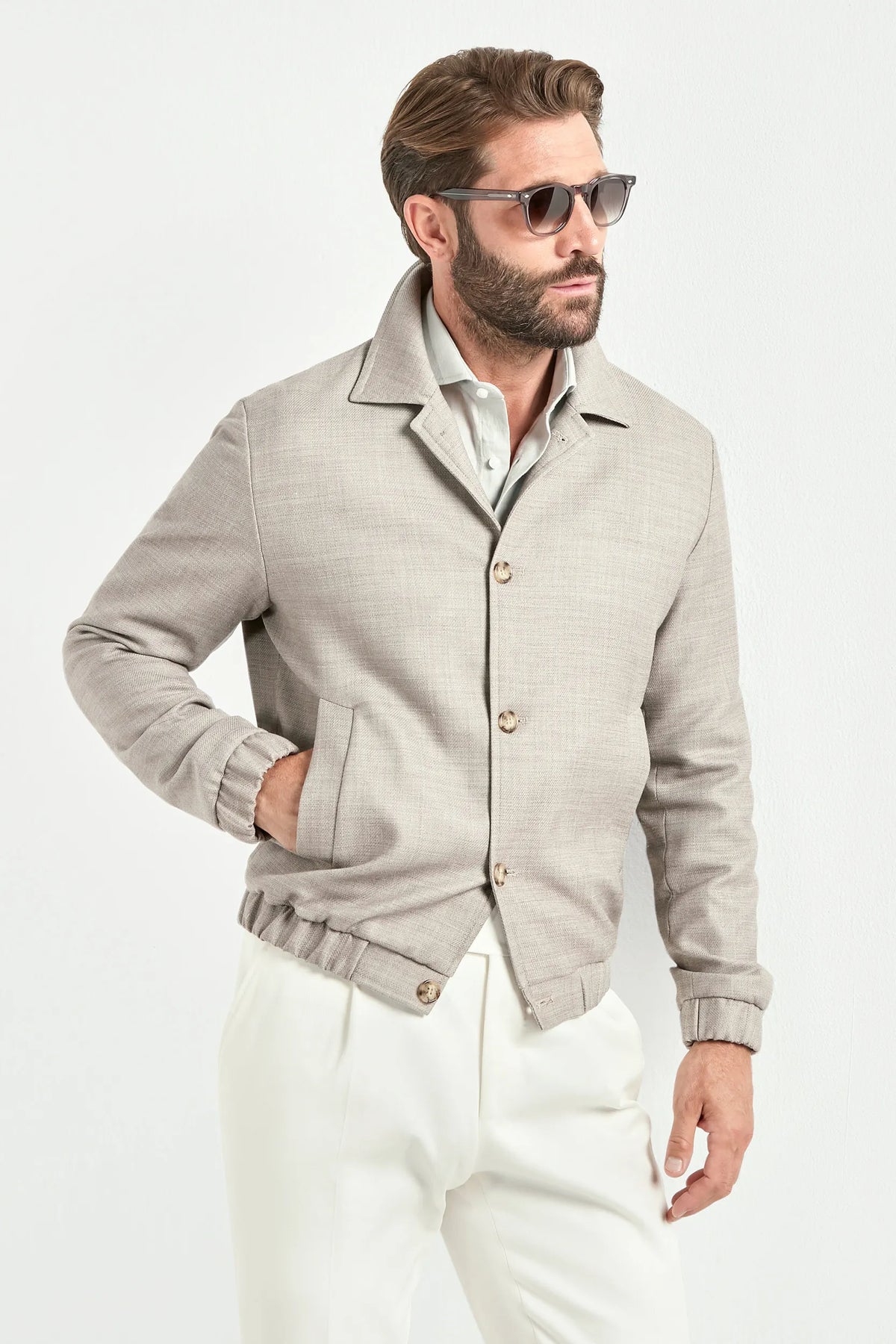 men taupe bomber jacket, tailored bomber jacket, taupe jacket, sartorial taupe jacket, sartorial bomber