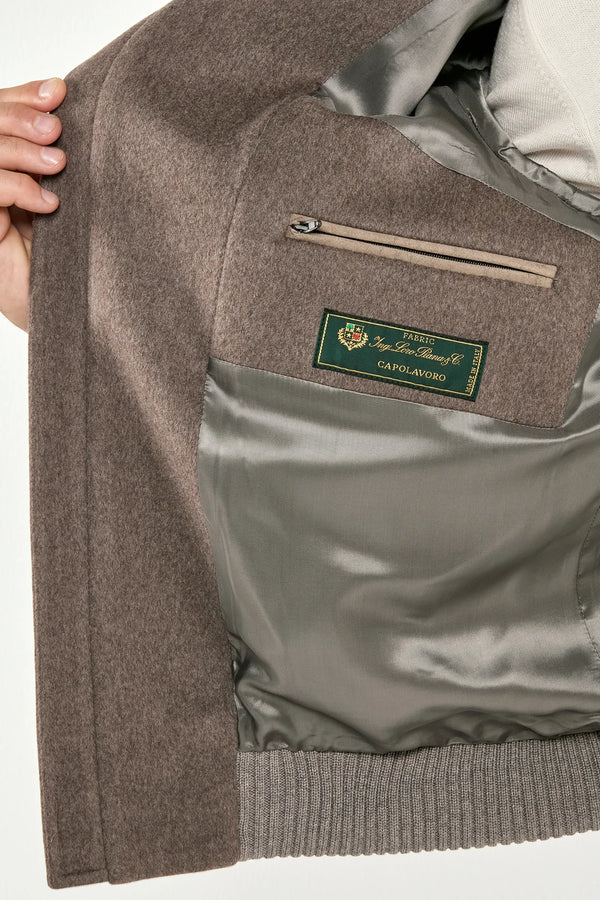 taupe bomber jacket, men wool bomber, italian wool bomber, taupe wool bomber, loro piana wool bomber, loro piana bomber jacket, mink collar bomber jacket, removable mink collar bomber, luxury loro piana bomber, elegant men's loro piana bomber, refined loro piana wool bomber, tailored taupe loro piana bomber, premium italian loro piana bomber, sophisticated loro piana bomber jacket, timeless italian loro piana bomber, upscale men's loro piana bomber, italian craftsmanship loro piana bomber