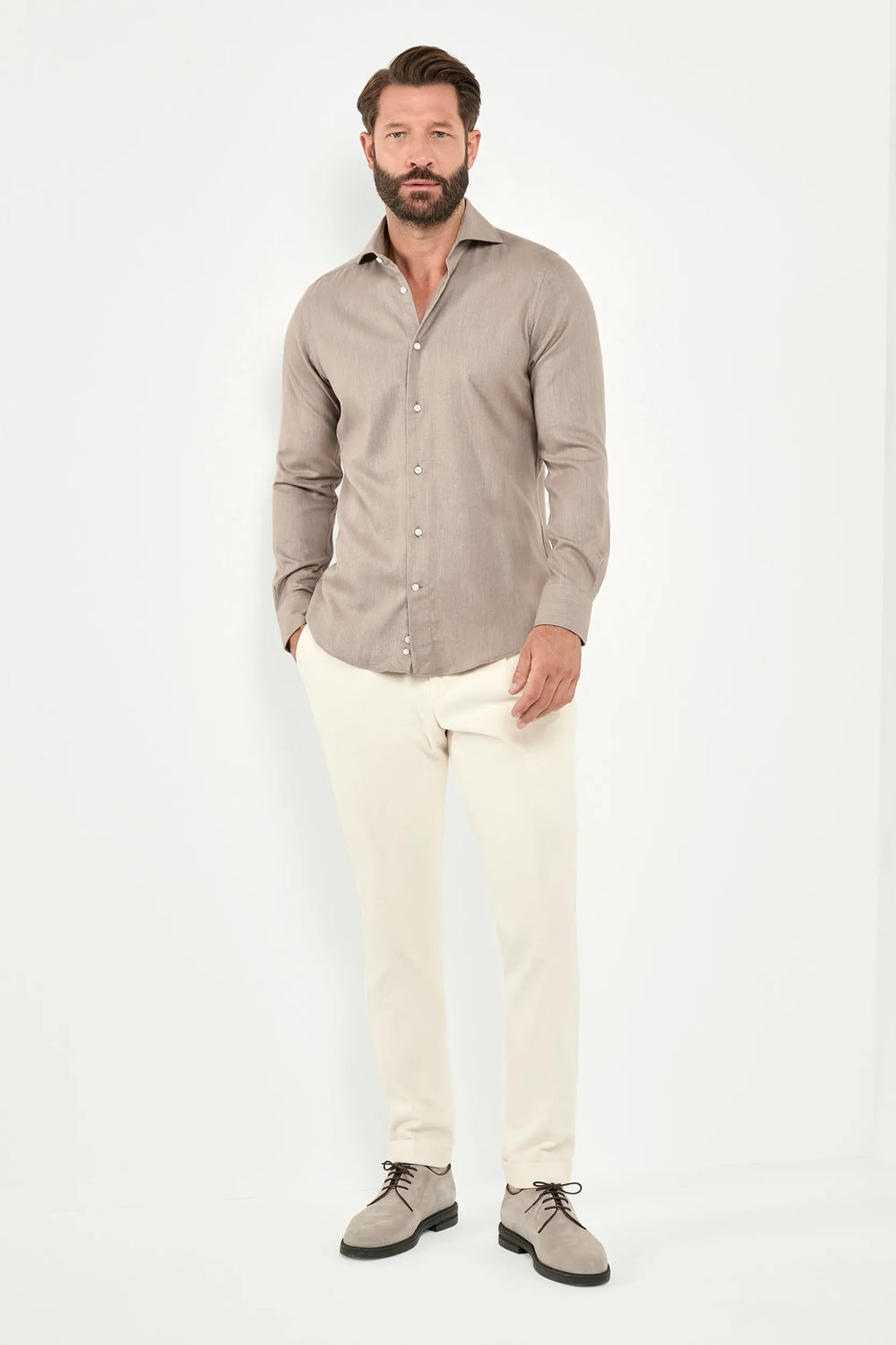 Taupe cotton Tencel shirt, Italian style, made in Italy, lightweight breathable cotton-Tencel shirt, luxury menswear shirt, elegant casual shirt, refined Italian tailoring, premium sustainable fabric, smart casual layering shirt, versatile everyday shirt, soft cotton Tencel blend, upscale Italian craftsmanship, polished casual shirt, classic taupe cotton shirt, timeless Italian shirt, sophisticated modern menswear
