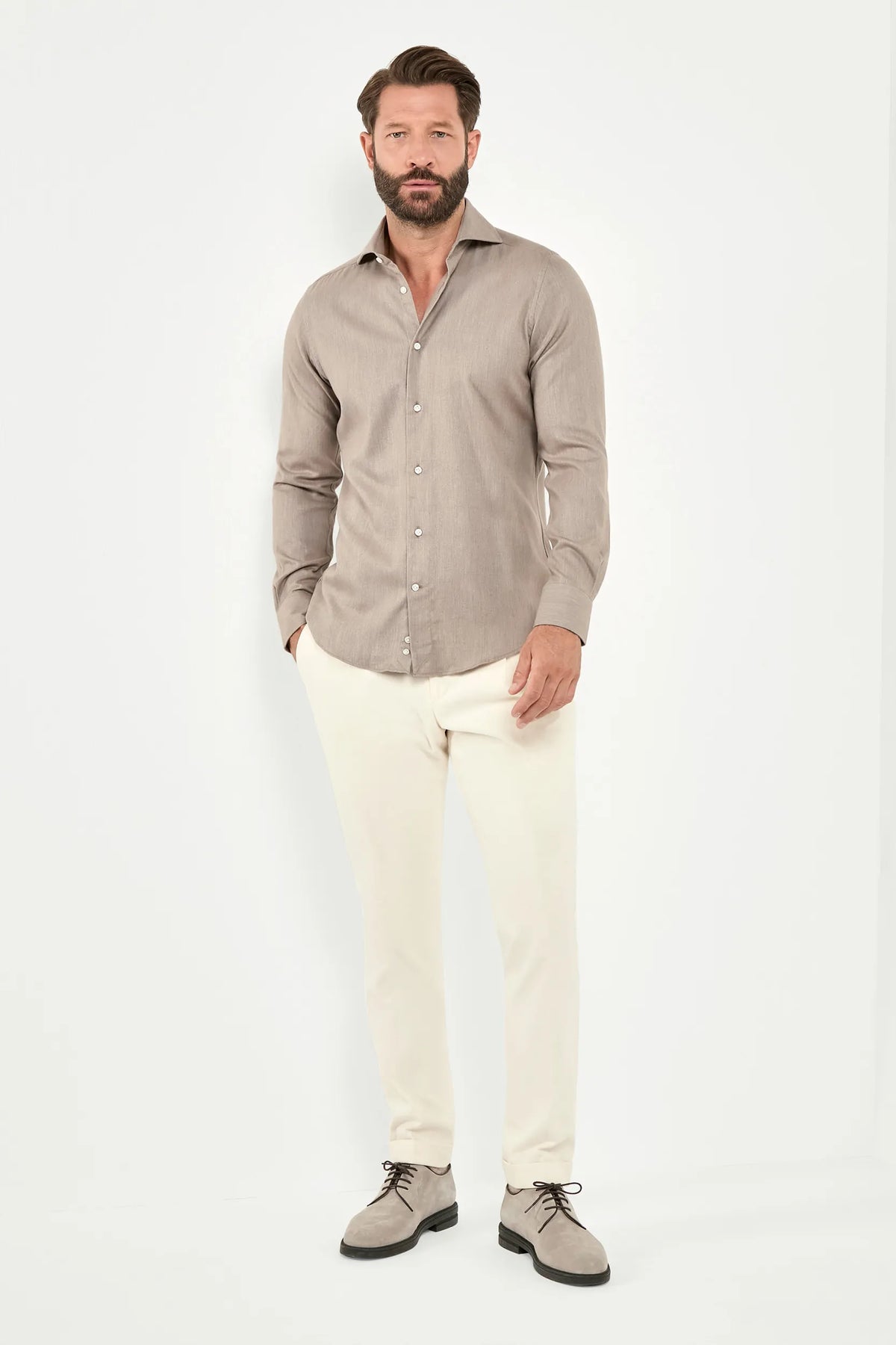 Taupe cotton Tencel shirt, Italian style, made in Italy, lightweight breathable cotton-Tencel shirt, luxury menswear shirt, elegant casual shirt, refined Italian tailoring, premium sustainable fabric, smart casual layering shirt, versatile everyday shirt, soft cotton Tencel blend, upscale Italian craftsmanship, polished casual shirt, classic taupe cotton shirt, timeless Italian shirt, sophisticated modern menswear