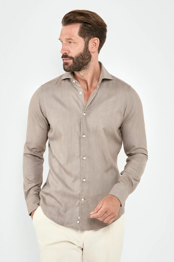 Taupe cotton Tencel shirt, Italian style, made in Italy, lightweight breathable cotton-Tencel shirt, luxury menswear shirt, elegant casual shirt, refined Italian tailoring, premium sustainable fabric, smart casual layering shirt, versatile everyday shirt, soft cotton Tencel blend, upscale Italian craftsmanship, polished casual shirt, classic taupe cotton shirt, timeless Italian shirt, sophisticated modern menswear