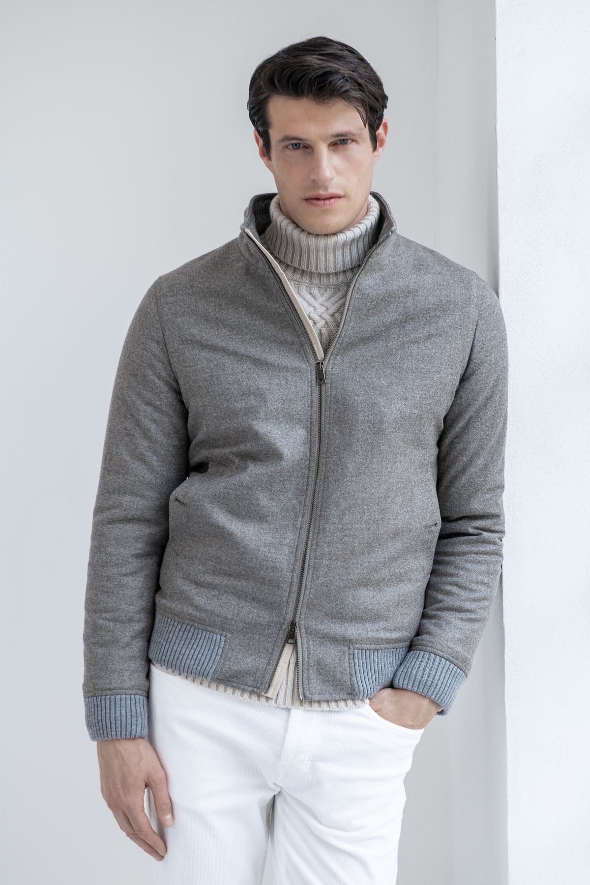 Bomber imbottito in lana e cashmere taupe – Made in Italy