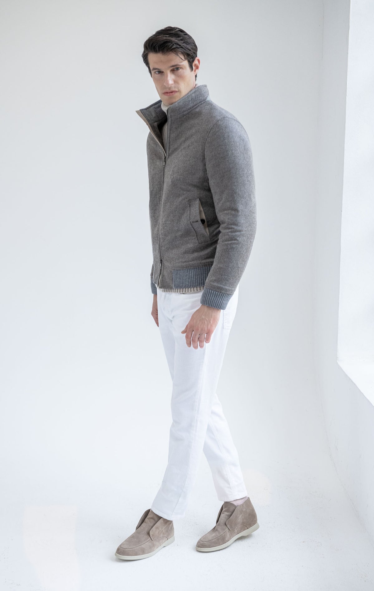 Bomber imbottito in lana e cashmere taupe – Made in Italy