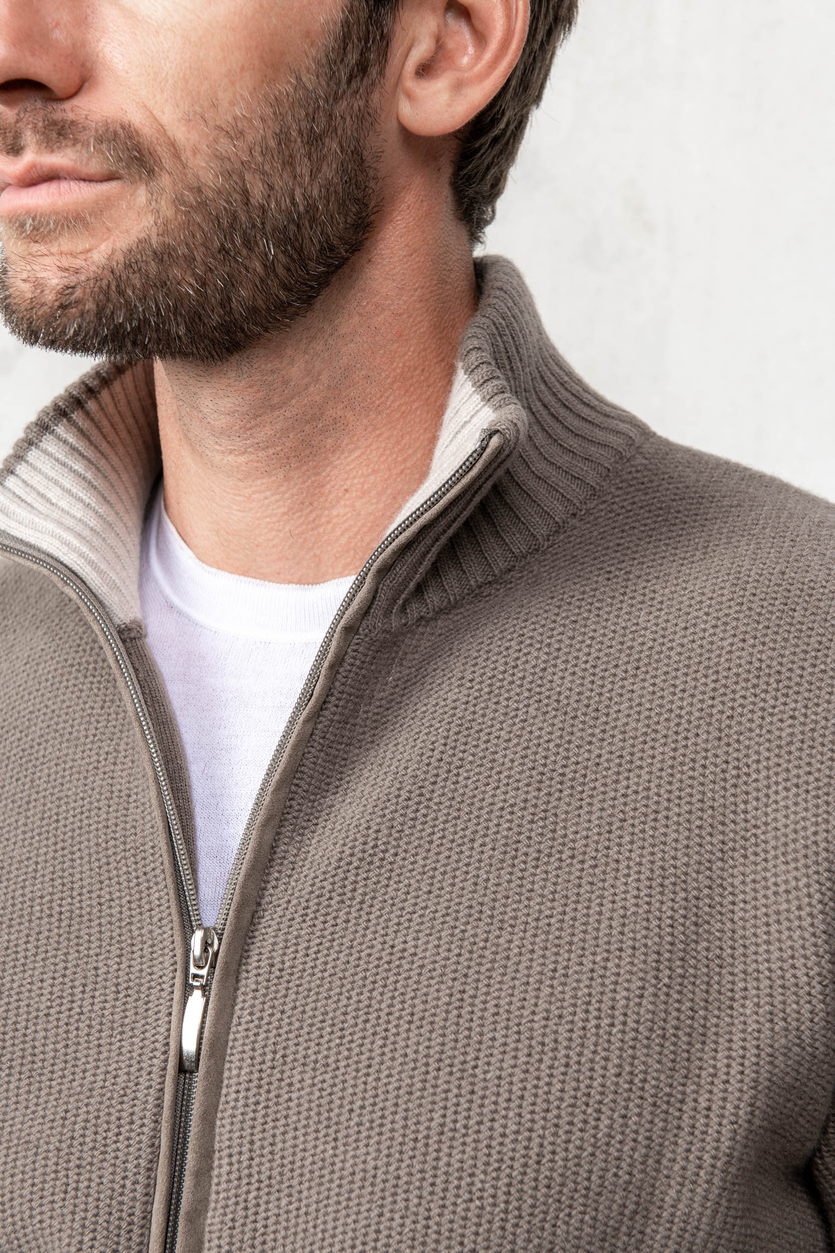 taupe full zip, honeycomb full zip, full zip sweater taupe