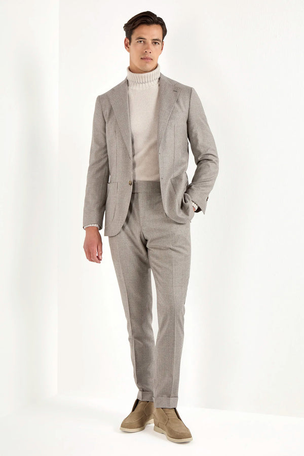 Taupe houndstooth suit, Italian style, made in Italy, tailored luxury suit, elegant menswear suit, refined formalwear, premium Italian craftsmanship, classic houndstooth weave suit, sophisticated business suit, smart formal attire, versatile modern suit, polished two-piece suit, fine Italian tailoring, upscale menswear suit, timeless Italian suit, refined professional look, sharp tailored suit, luxury office suit, contemporary houndstooth blazer, Italian elegance suit