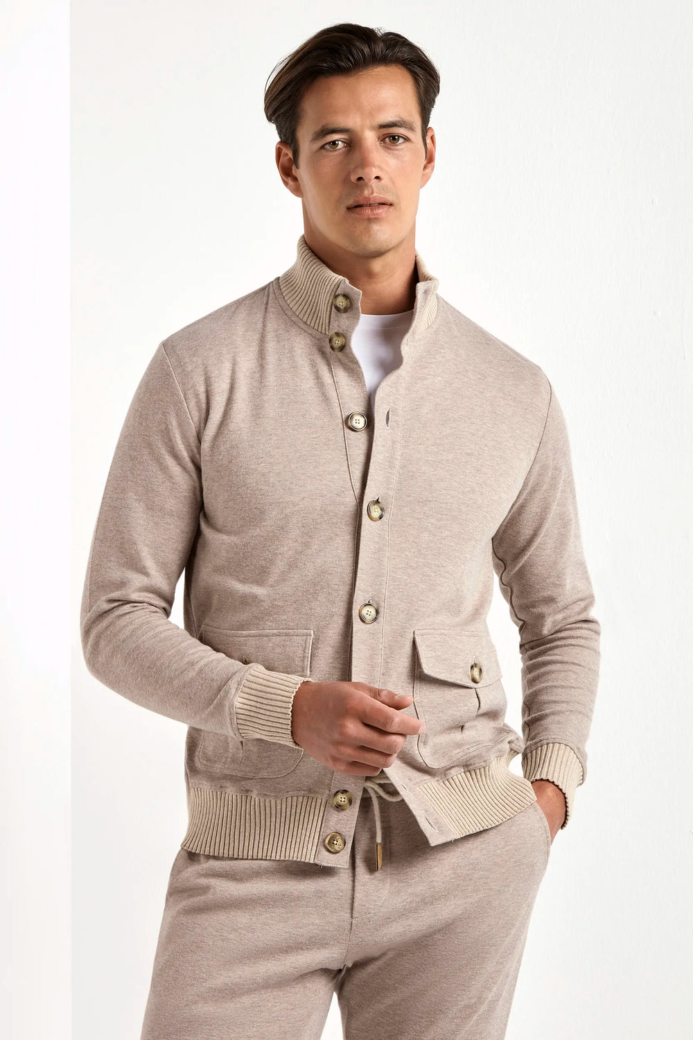 taupe jersey cardigan, men jersey cardigan, italian jersey cardigan, taupe wool jersey cardigan, luxury men's jersey cardigan, elegant men's jersey cardigan, refined wool jersey cardigan, tailored taupe jersey cardigan, premium italian jersey cardigan, sophisticated men's jersey cardigan, timeless italian jersey cardigan, upscale men's jersey cardigan, classic taupe jersey cardigan, italian craftsmanship jersey cardigan, premium men's taupe cardigan, refined italian wool cardigan