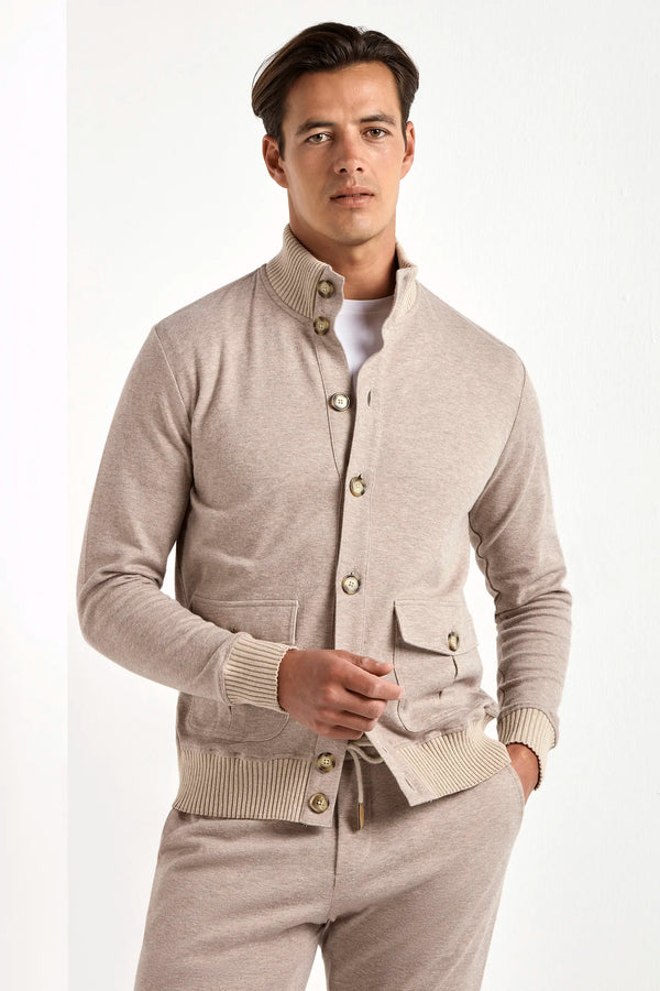 taupe jersey cardigan, men jersey cardigan, italian jersey cardigan, taupe wool jersey cardigan, luxury men's jersey cardigan, elegant men's jersey cardigan, refined wool jersey cardigan, tailored taupe jersey cardigan, premium italian jersey cardigan, sophisticated men's jersey cardigan, timeless italian jersey cardigan, upscale men's jersey cardigan, classic taupe jersey cardigan, italian craftsmanship jersey cardigan, premium men's taupe cardigan, refined italian wool cardigan