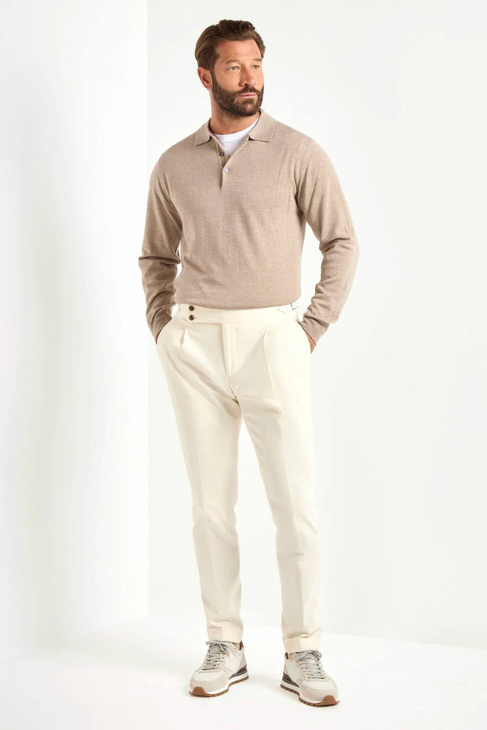 taupe merino wool polo, italian style, made in italy, lightweight merino polo, 100% merino wool polo, luxury knit polo, elegant merino shirt, refined menswear polo, premium italian knitwear, smart casual polo, versatile layering polo, fine merino polo, tailored merino polo, breathable wool polo, soft merino knit polo, upscale polo shirt, italian craftsmanship polo, polished knit polo, classic taupe merino polo, timeless italian knit