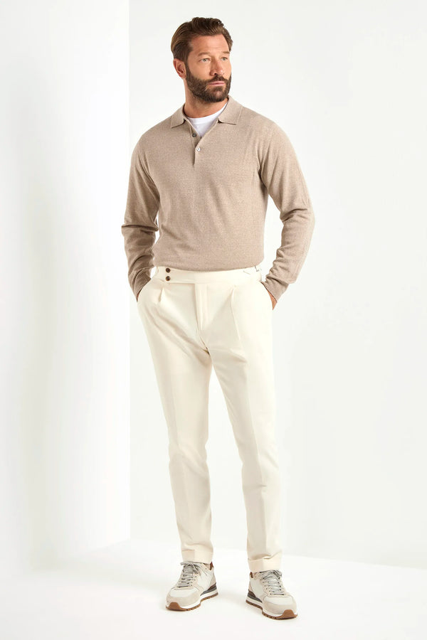 taupe merino wool polo, italian style, made in italy, lightweight merino polo, 100% merino wool polo, luxury knit polo, elegant merino shirt, refined menswear polo, premium italian knitwear, smart casual polo, versatile layering polo, fine merino polo, tailored merino polo, breathable wool polo, soft merino knit polo, upscale polo shirt, italian craftsmanship polo, polished knit polo, classic taupe merino polo, timeless italian knit