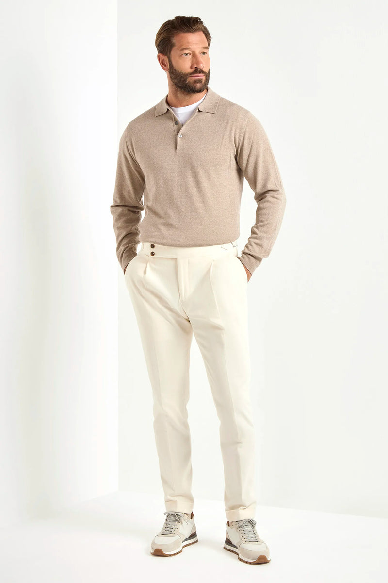 taupe merino wool polo, italian style, made in italy, lightweight merino polo, 100% merino wool polo, luxury knit polo, elegant merino shirt, refined menswear polo, premium italian knitwear, smart casual polo, versatile layering polo, fine merino polo, tailored merino polo, breathable wool polo, soft merino knit polo, upscale polo shirt, italian craftsmanship polo, polished knit polo, classic taupe merino polo, timeless italian knit