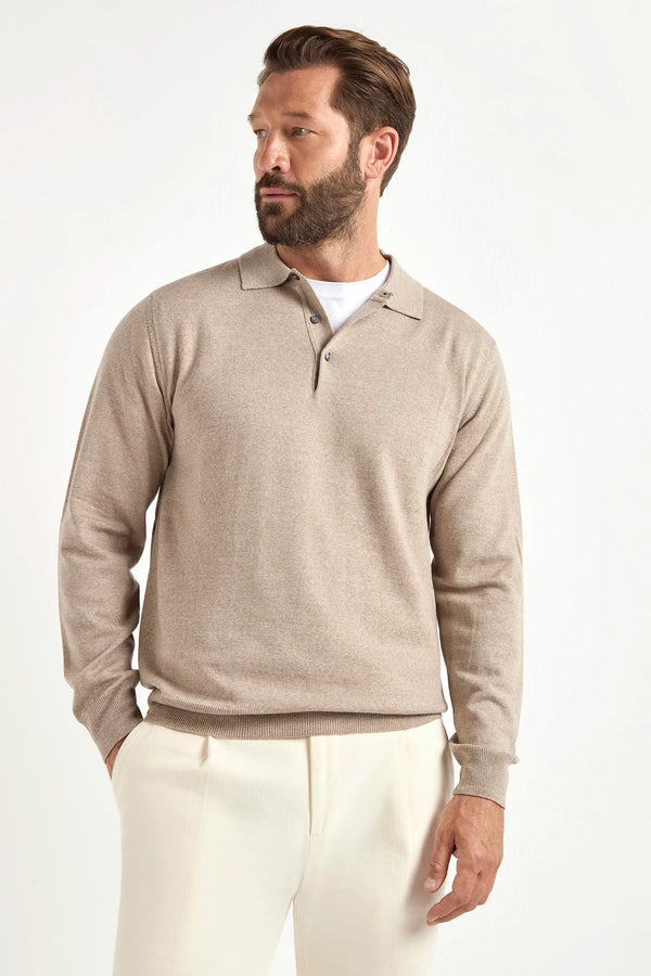 taupe merino wool polo, italian style, made in italy, lightweight merino polo, 100% merino wool polo, luxury knit polo, elegant merino shirt, refined menswear polo, premium italian knitwear, smart casual polo, versatile layering polo, fine merino polo, tailored merino polo, breathable wool polo, soft merino knit polo, upscale polo shirt, italian craftsmanship polo, polished knit polo, classic taupe merino polo, timeless italian knit