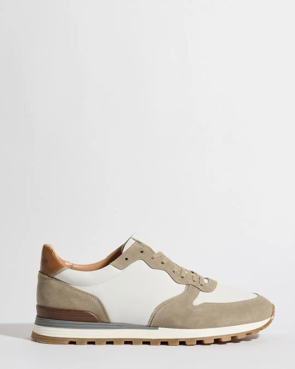 Baskets en nubuck taupe et blanc et en daim - Fabriquées en Italie