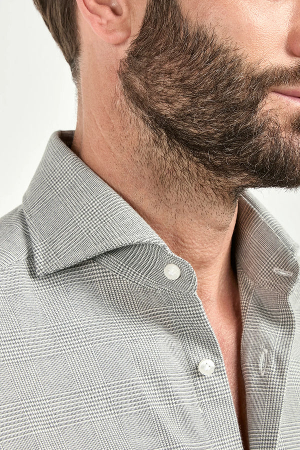 Taupe Prince of Wales shirt, Italian style, made in Italy, tailored luxury shirt, elegant menswear shirt, refined casual shirt, premium Italian craftsmanship, classic Prince of Wales check shirt, sophisticated business casual shirt, smart versatile shirt, lightweight Italian cotton shirt, polished everyday shirt, fine Italian tailoring, upscale menswear shirt, timeless Italian shirt, refined professional look, sharp tailored shirt, luxury office shirt, contemporary check shirt, Italian elegance shirt