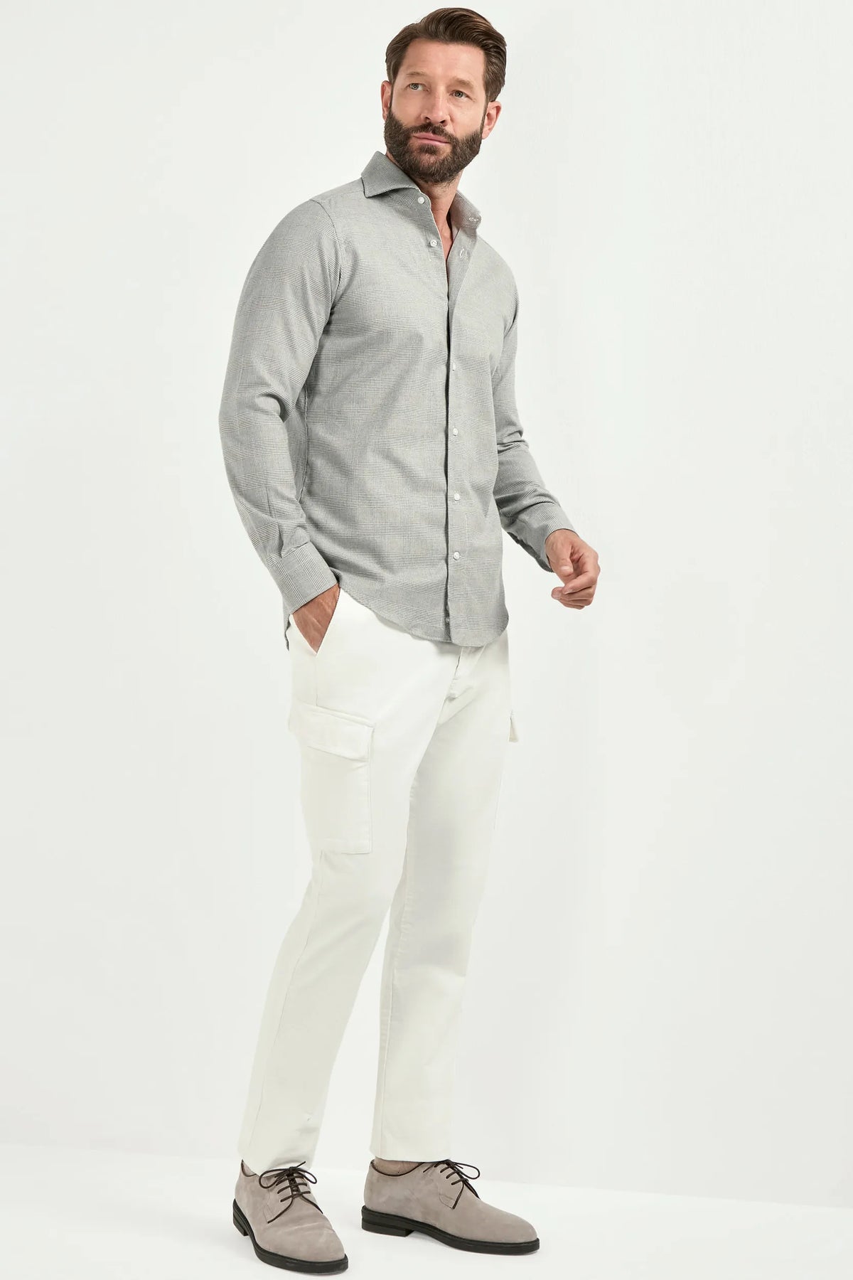 Taupe Prince of Wales shirt, Italian style, made in Italy, tailored luxury shirt, elegant menswear shirt, refined casual shirt, premium Italian craftsmanship, classic Prince of Wales check shirt, sophisticated business casual shirt, smart versatile shirt, lightweight Italian cotton shirt, polished everyday shirt, fine Italian tailoring, upscale menswear shirt, timeless Italian shirt, refined professional look, sharp tailored shirt, luxury office shirt, contemporary check shirt, Italian elegance shirt