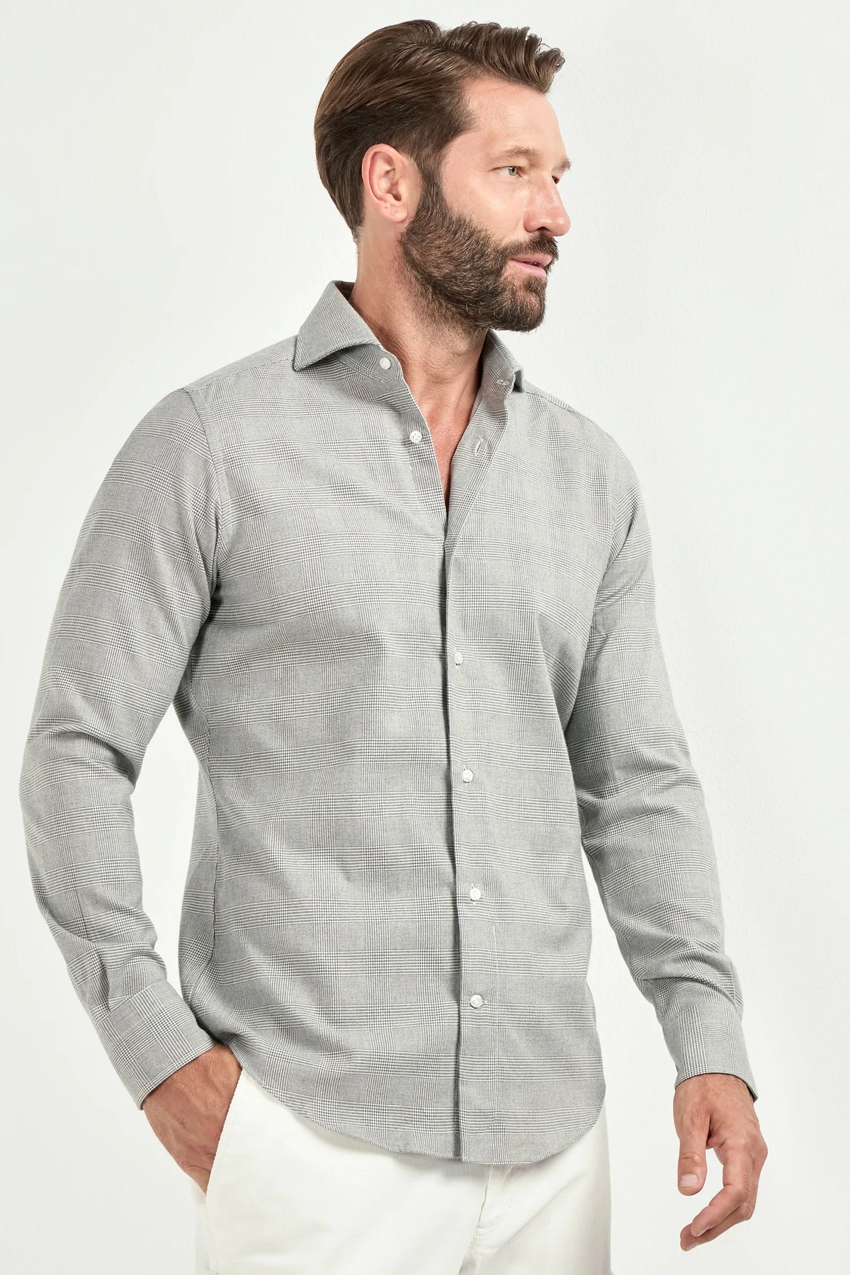 Taupe Prince of Wales shirt, Italian style, made in Italy, tailored luxury shirt, elegant menswear shirt, refined casual shirt, premium Italian craftsmanship, classic Prince of Wales check shirt, sophisticated business casual shirt, smart versatile shirt, lightweight Italian cotton shirt, polished everyday shirt, fine Italian tailoring, upscale menswear shirt, timeless Italian shirt, refined professional look, sharp tailored shirt, luxury office shirt, contemporary check shirt, Italian elegance shirt