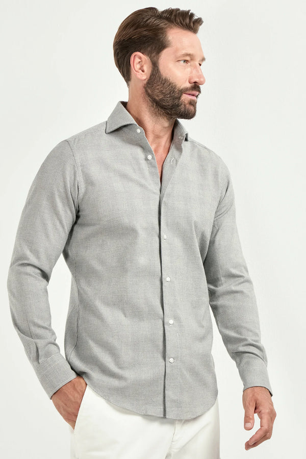 Taupe Prince of Wales shirt, Italian style, made in Italy, tailored luxury shirt, elegant menswear shirt, refined casual shirt, premium Italian craftsmanship, classic Prince of Wales check shirt, sophisticated business casual shirt, smart versatile shirt, lightweight Italian cotton shirt, polished everyday shirt, fine Italian tailoring, upscale menswear shirt, timeless Italian shirt, refined professional look, sharp tailored shirt, luxury office shirt, contemporary check shirt, Italian elegance shirt