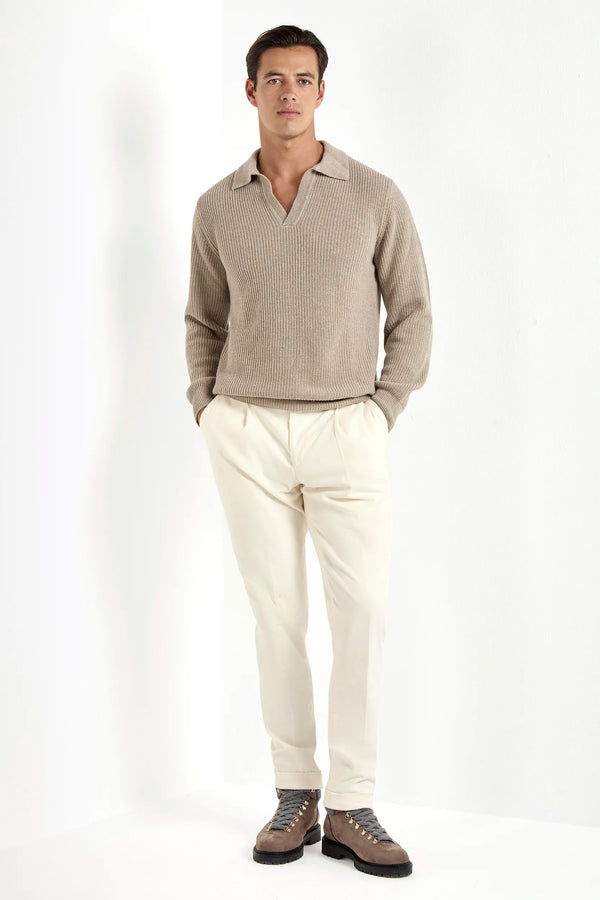 ribbed long sleeve polo, taupe long sleeve polo, taupe long sleeve ribbed polo, polo manches longues taupe, polo manches longues
